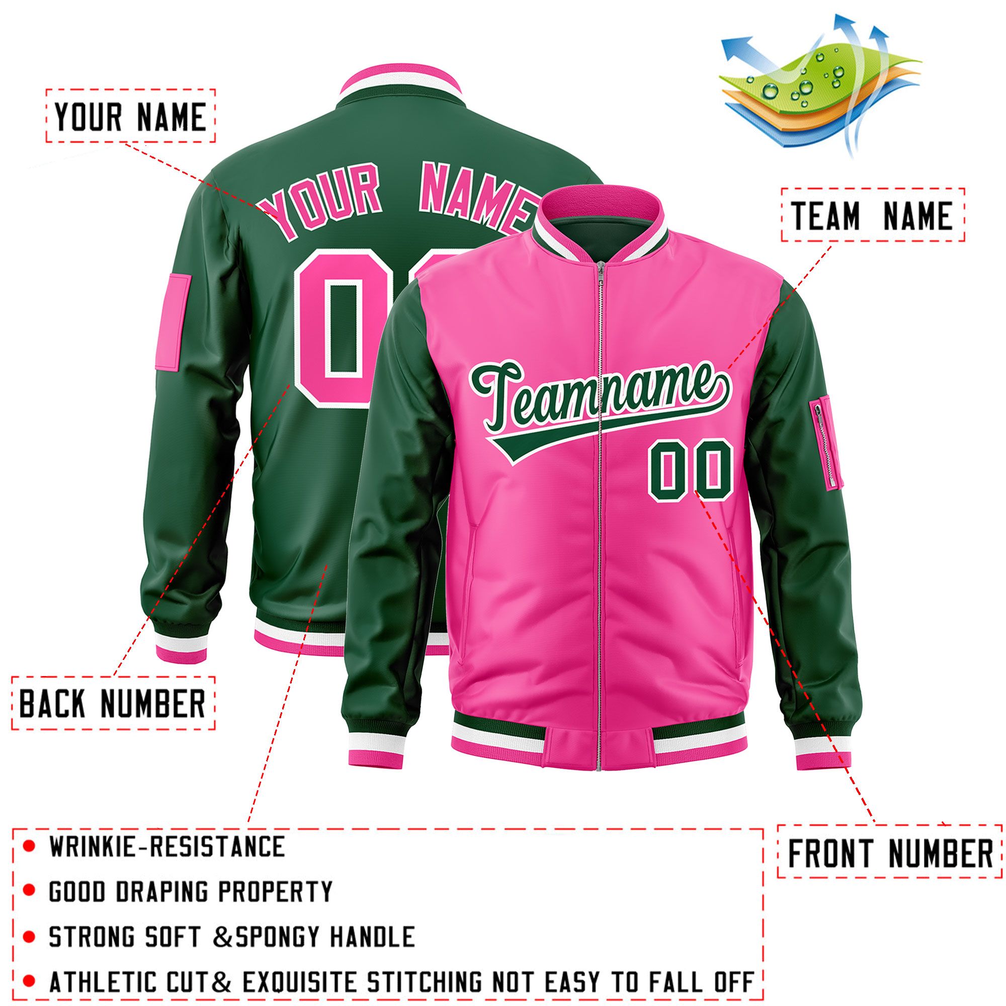 Custom Pink Green Varsity Full-Zip Two-Tone Letterman Bomber Jacket