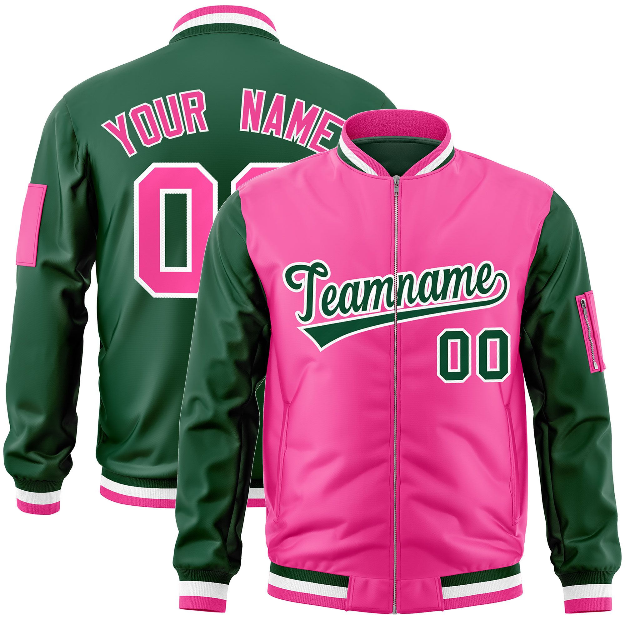 Custom Pink Green Varsity Full-Zip Two-Tone Letterman Bomber Jacket