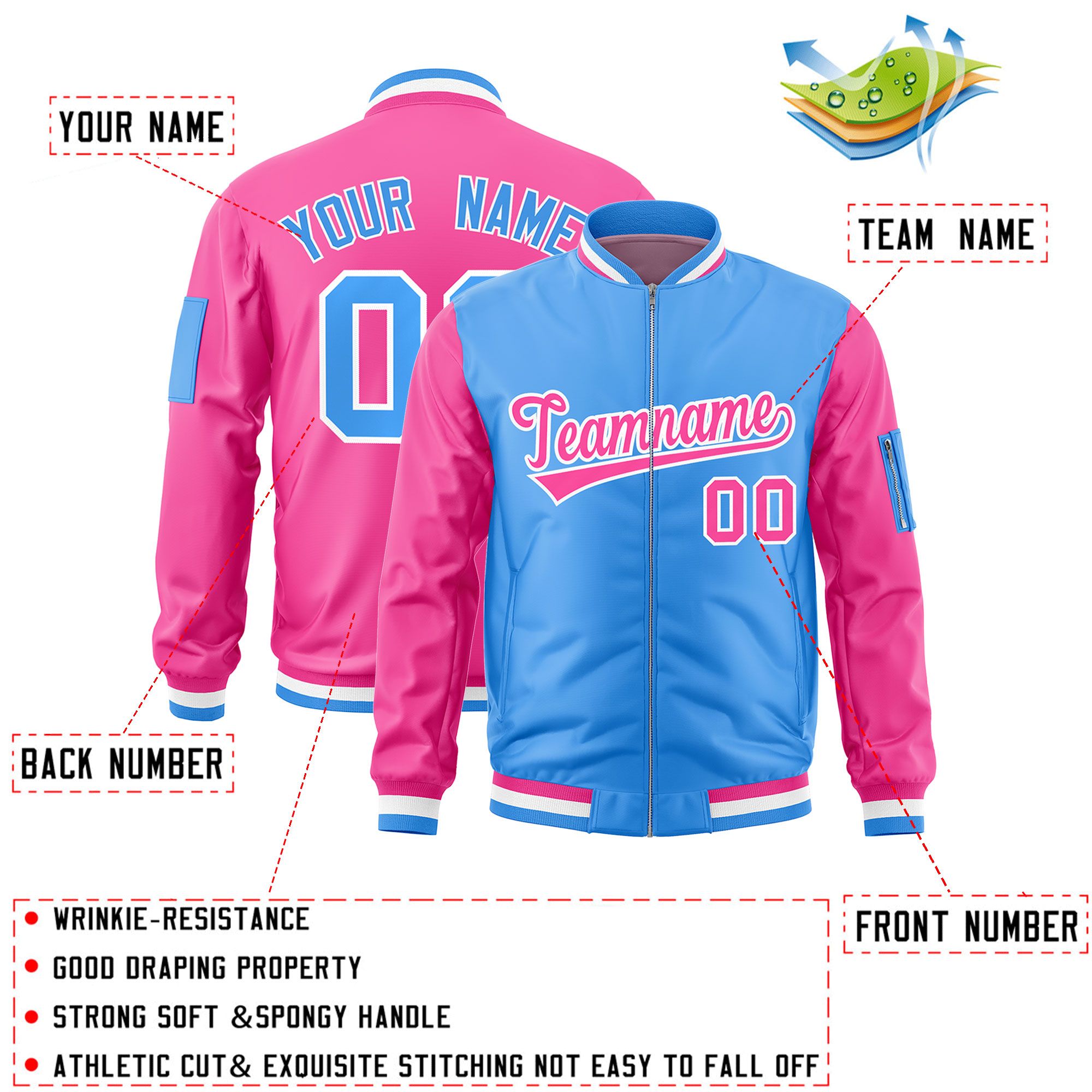 Custom Powder Blue Pink Varsity Full-Zip Two-Tone Letterman Bomber Jacket