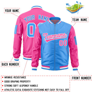 Custom Powder Blue Pink Varsity Full-Zip Two-Tone Letterman Bomber Jacket