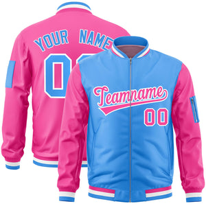 Custom Powder Blue Pink Varsity Full-Zip Two-Tone Letterman Bomber Jacket