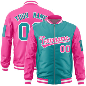 Custom Aqua Pink Varsity Full-Zip Two-Tone Letterman Bomber Jacket