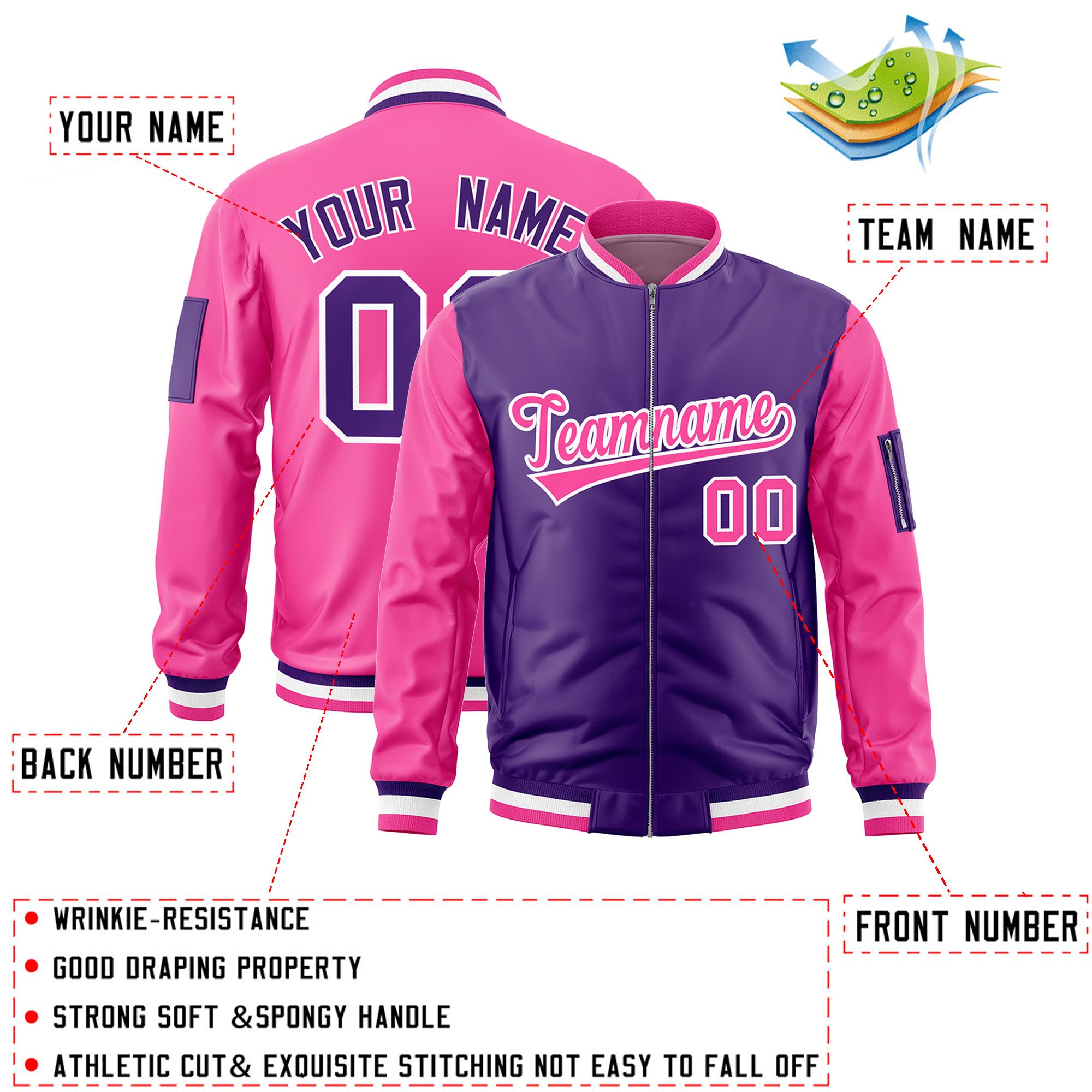 Custom Purple Pink Varsity Full-Zip Two-Tone Letterman Bomber Jacket