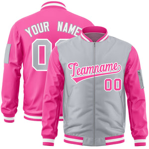 Custom Gray Pink Varsity Full-Zip Two-Tone Letterman Bomber Jacket