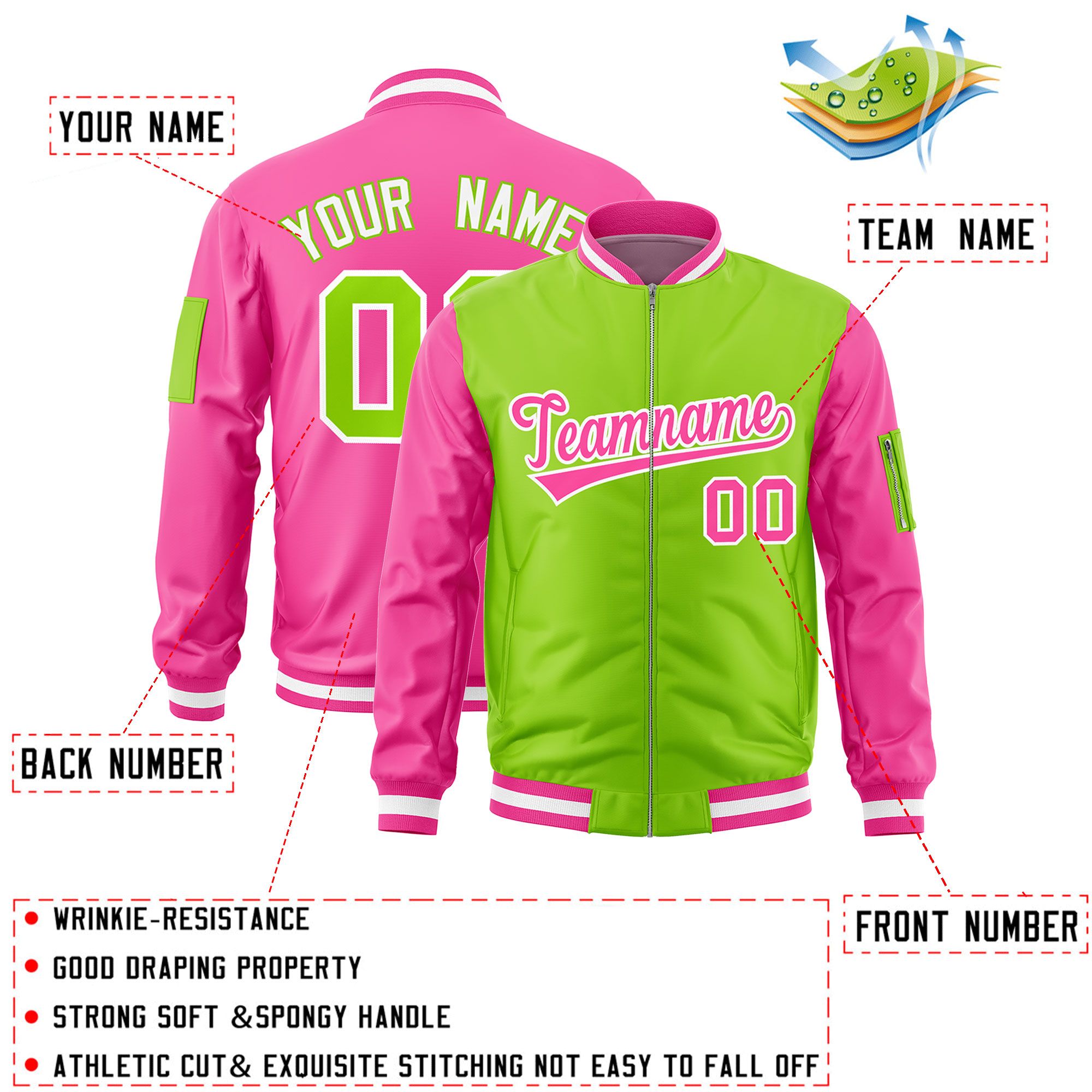 Custom Neon Green Pink Varsity Full-Zip Two-Tone Letterman Bomber Jacket