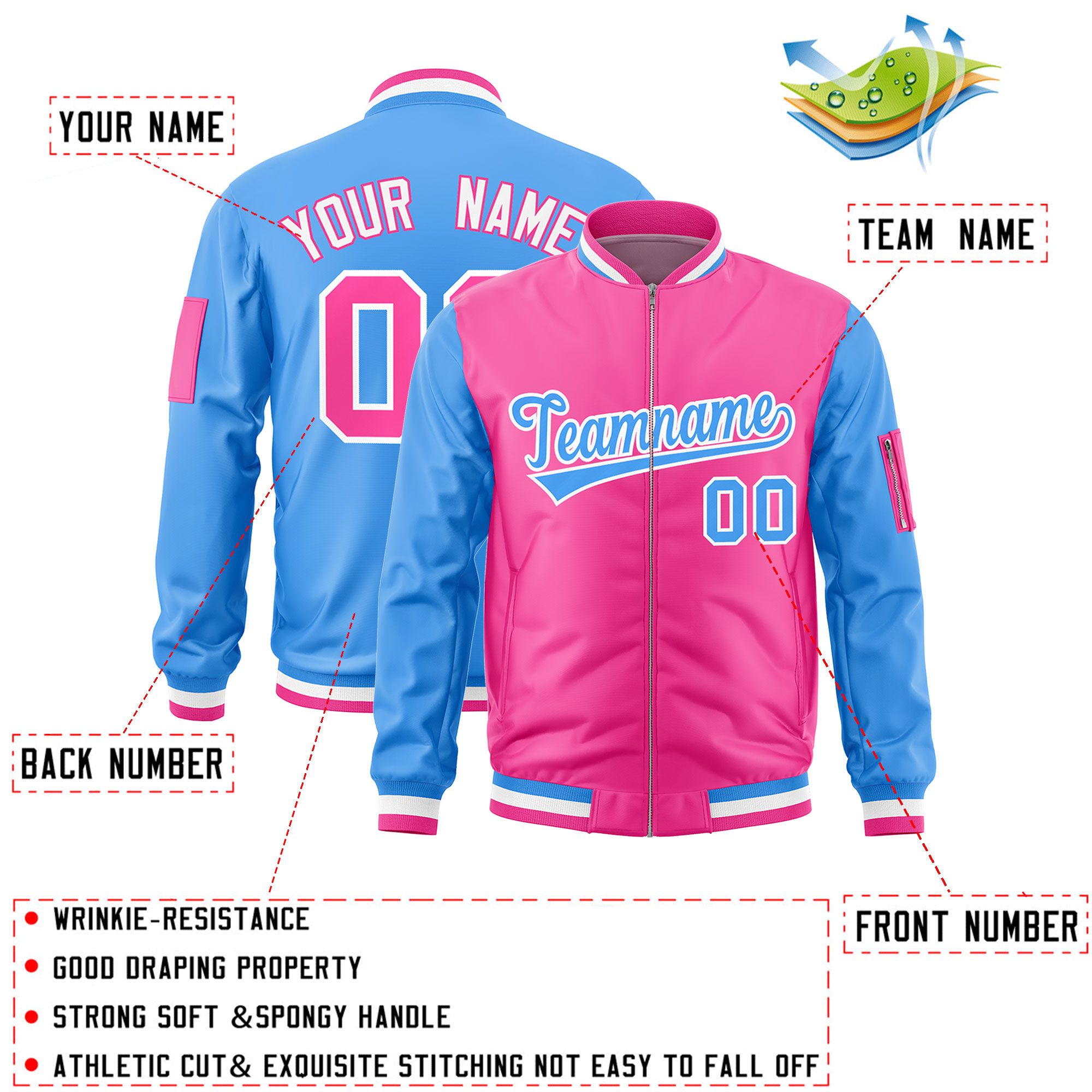 Custom Pink Powder Blue Varsity Full-Zip Two-Tone Letterman Bomber Jacket