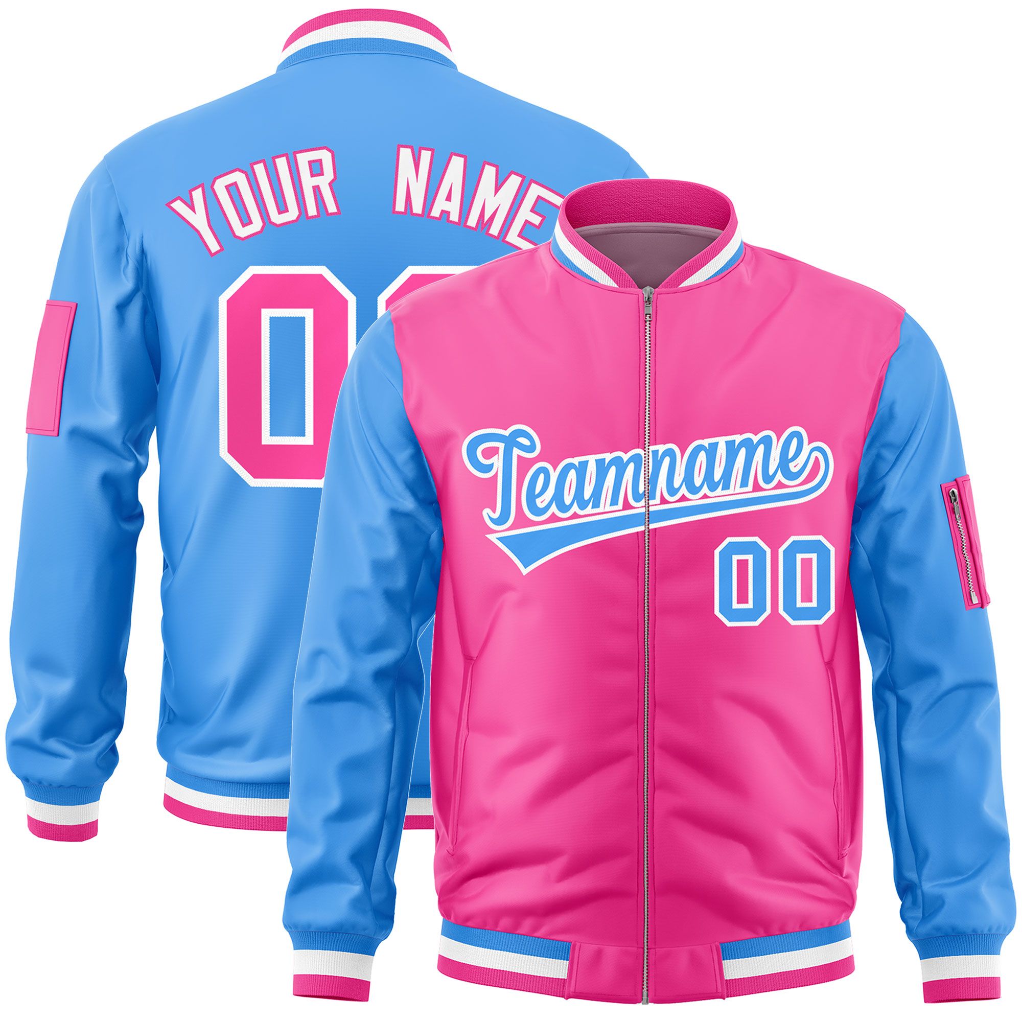 Custom Pink Powder Blue Varsity Full-Zip Two-Tone Letterman Bomber Jacket