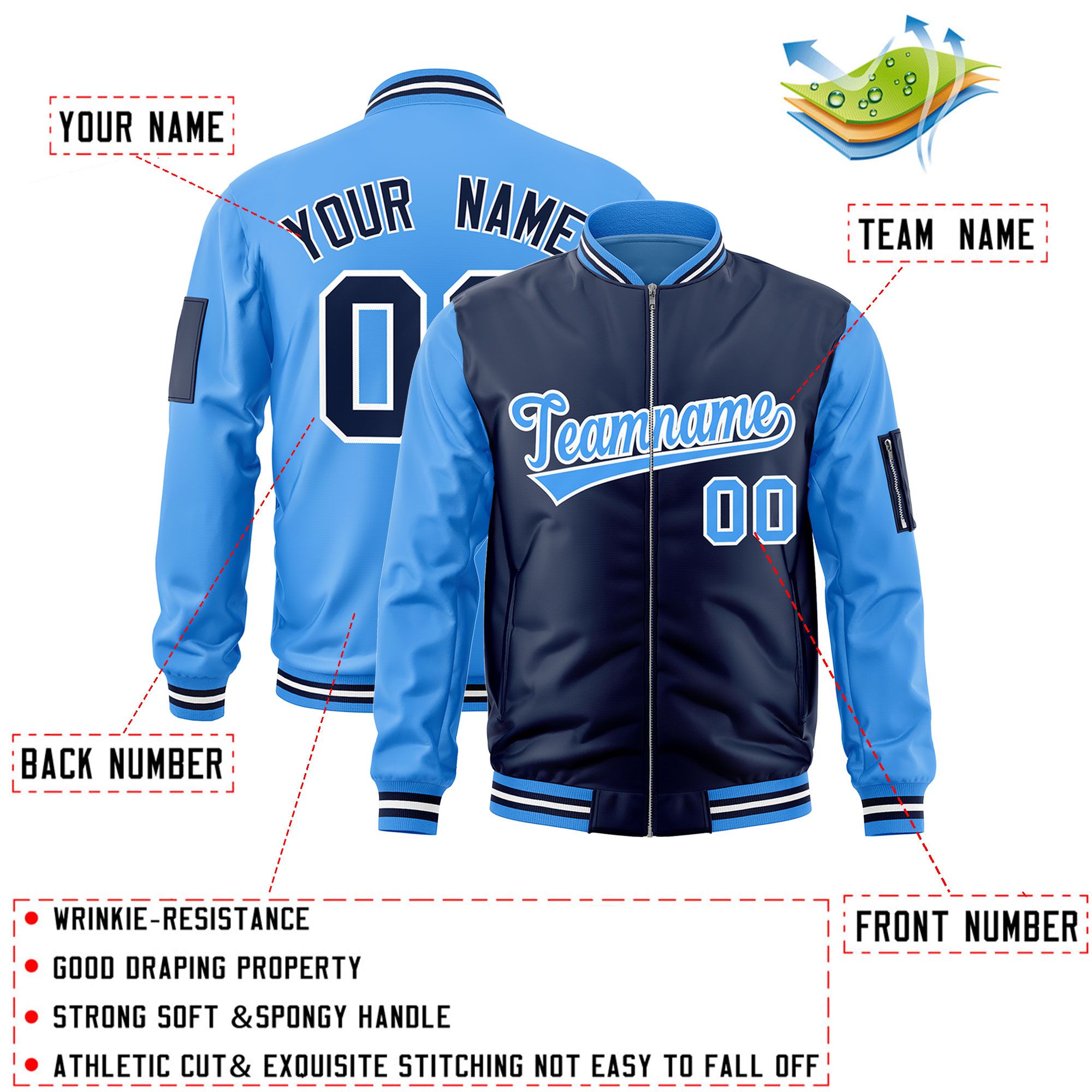 Custom Navy Powder Blue Varsity Full-Zip Two-Tone Letterman Bomber Jacket