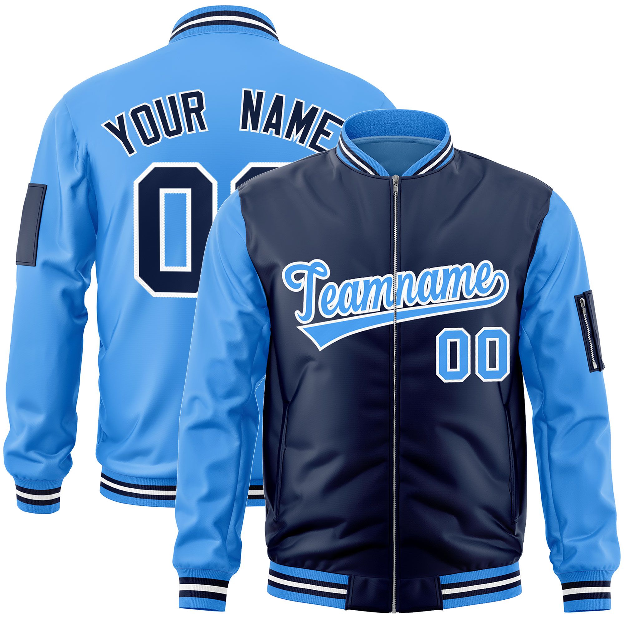 Custom Navy Powder Blue Varsity Full-Zip Two-Tone Letterman Bomber Jacket