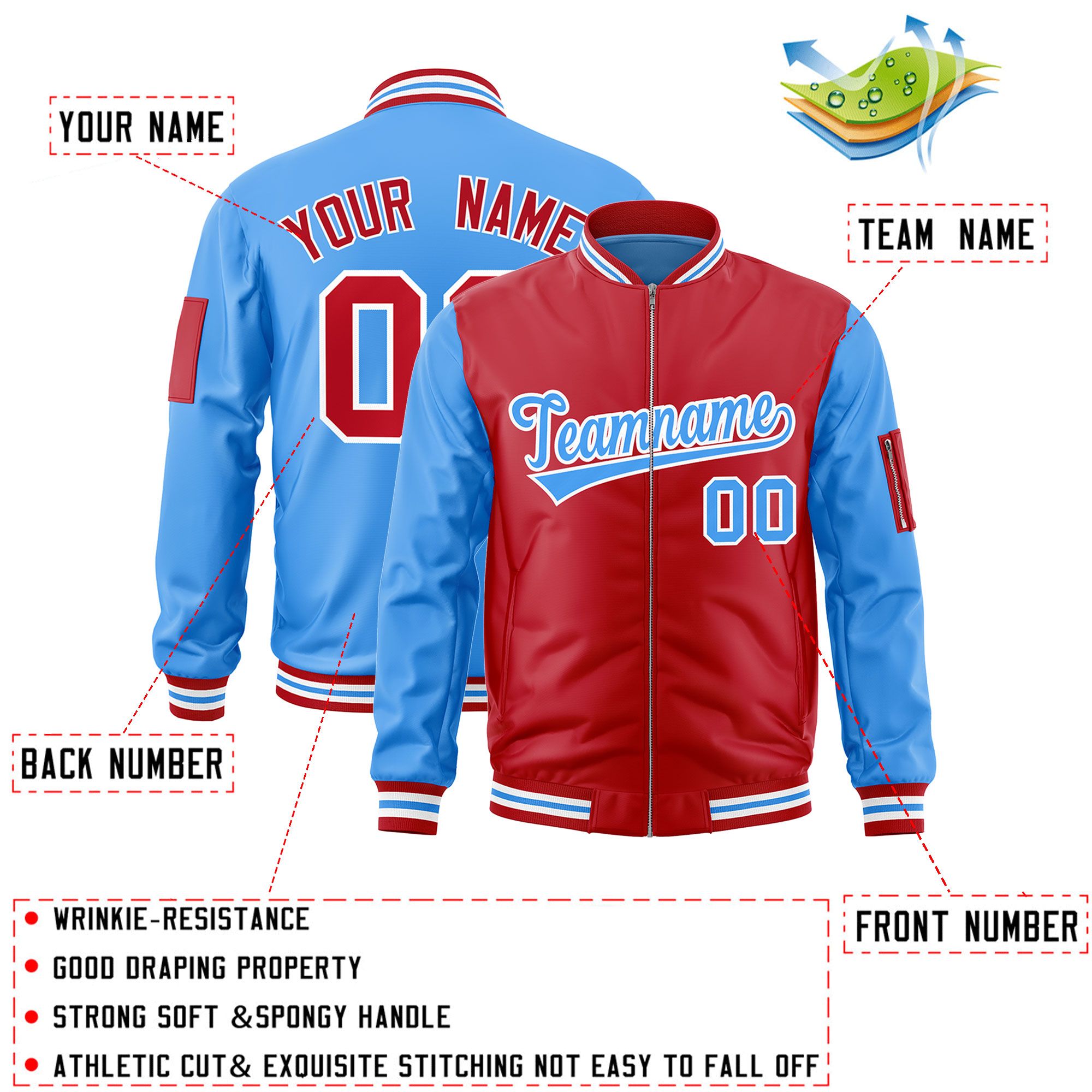 Custom Red Powder Blue Varsity Full-Zip Two-Tone Letterman Bomber Jacket