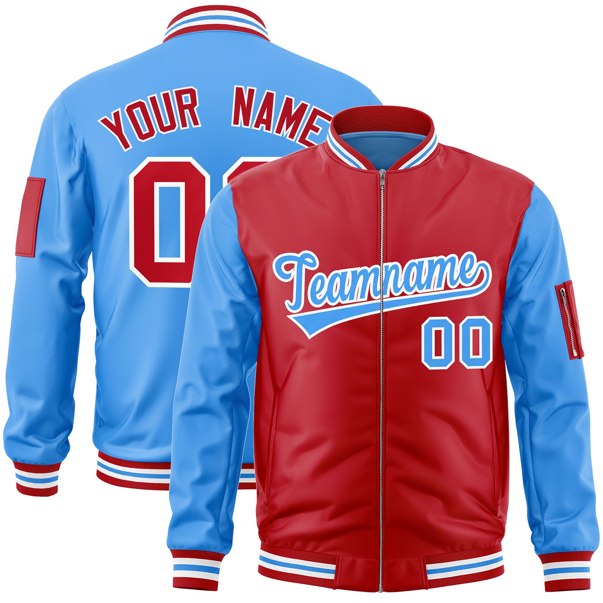 Custom Red Powder Blue Varsity Full-Zip Two-Tone Letterman Bomber Jacket