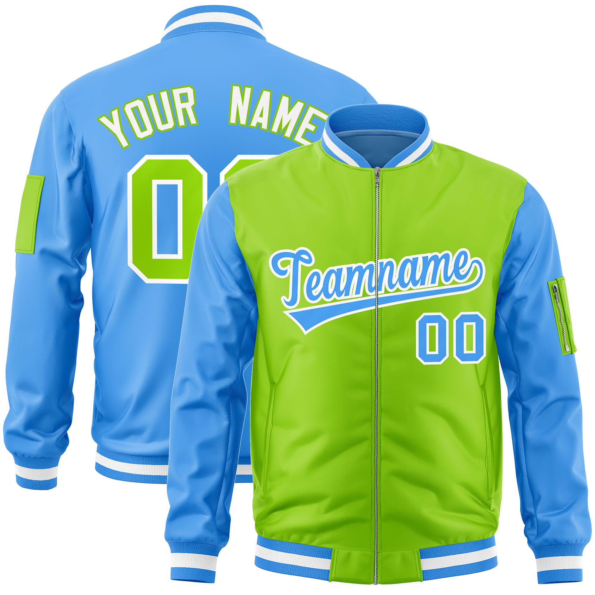 Custom Neon Green Powder Blue Varsity Full-Zip Two-Tone Letterman Bomber Jacket