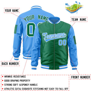 Custom Kelly Green Powder Blue Varsity Full-Zip Two-Tone Letterman Bomber Jacket