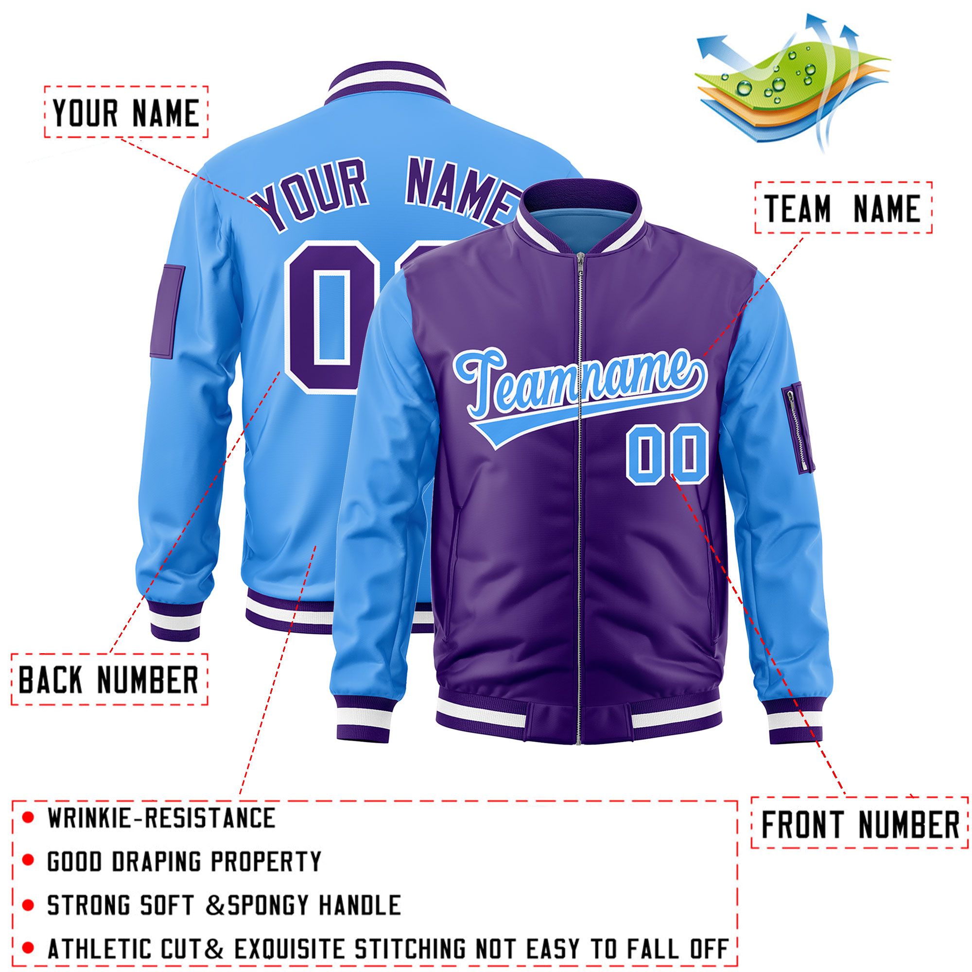 Custom Purple Powder Blue Varsity Full-Zip Two-Tone Letterman Bomber Jacket