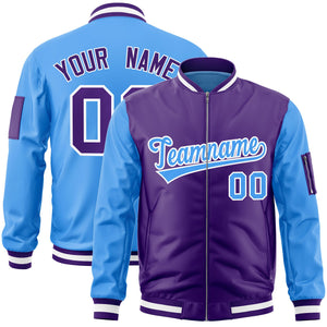 Custom Purple Powder Blue Varsity Full-Zip Two-Tone Letterman Bomber Jacket