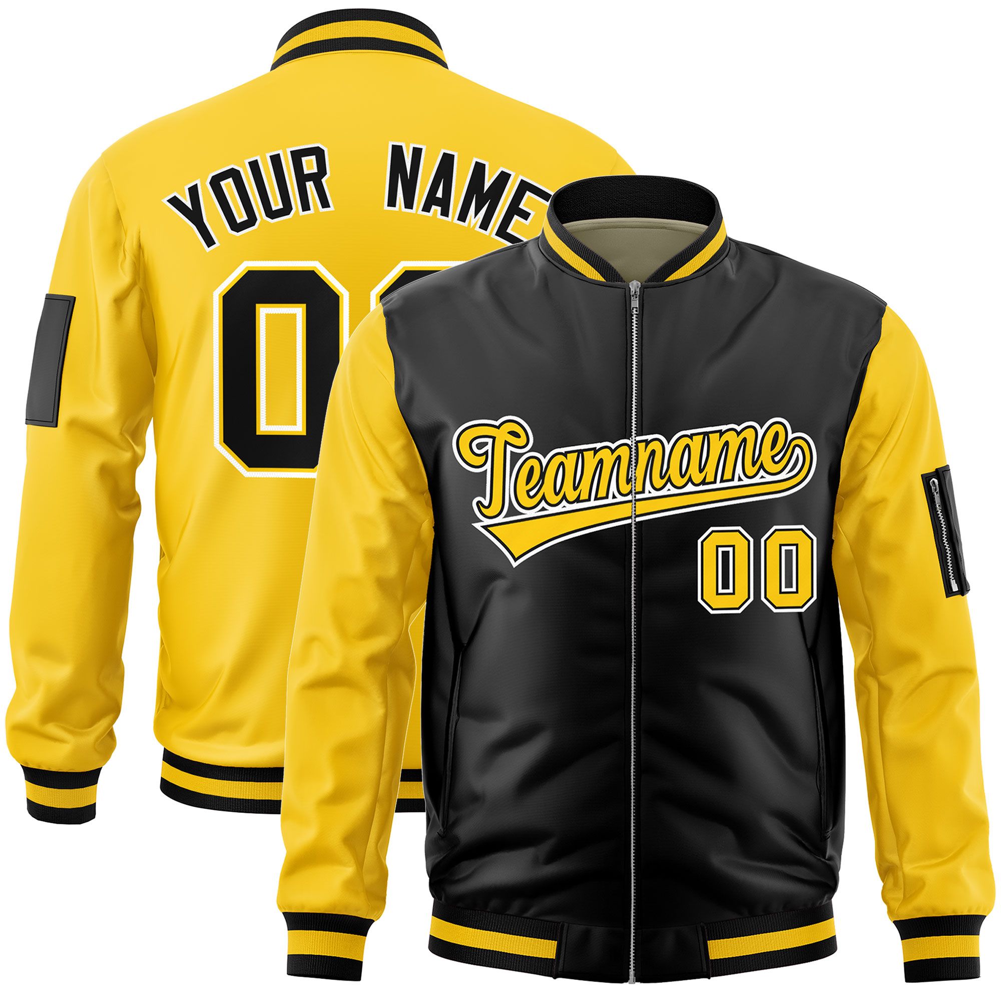 Custom Black Gold Varsity Full-Zip Two-Tone Letterman Bomber Jacket