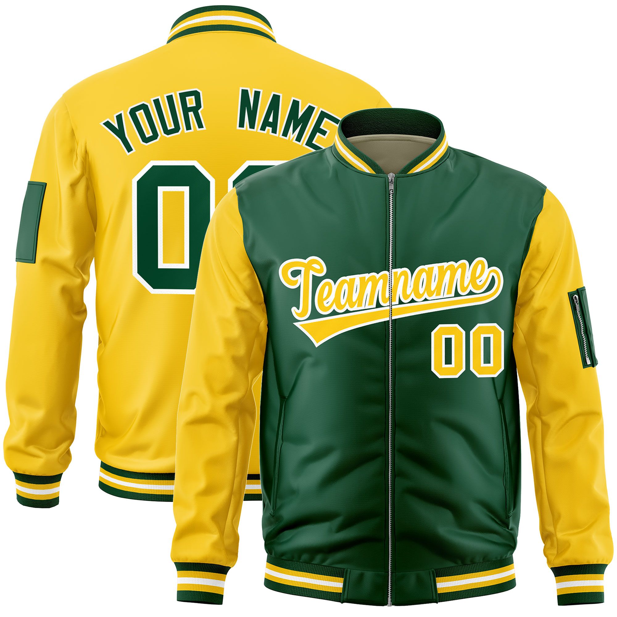 Custom Green Gold Varsity Full-Zip Two-Tone Letterman Bomber Jacket