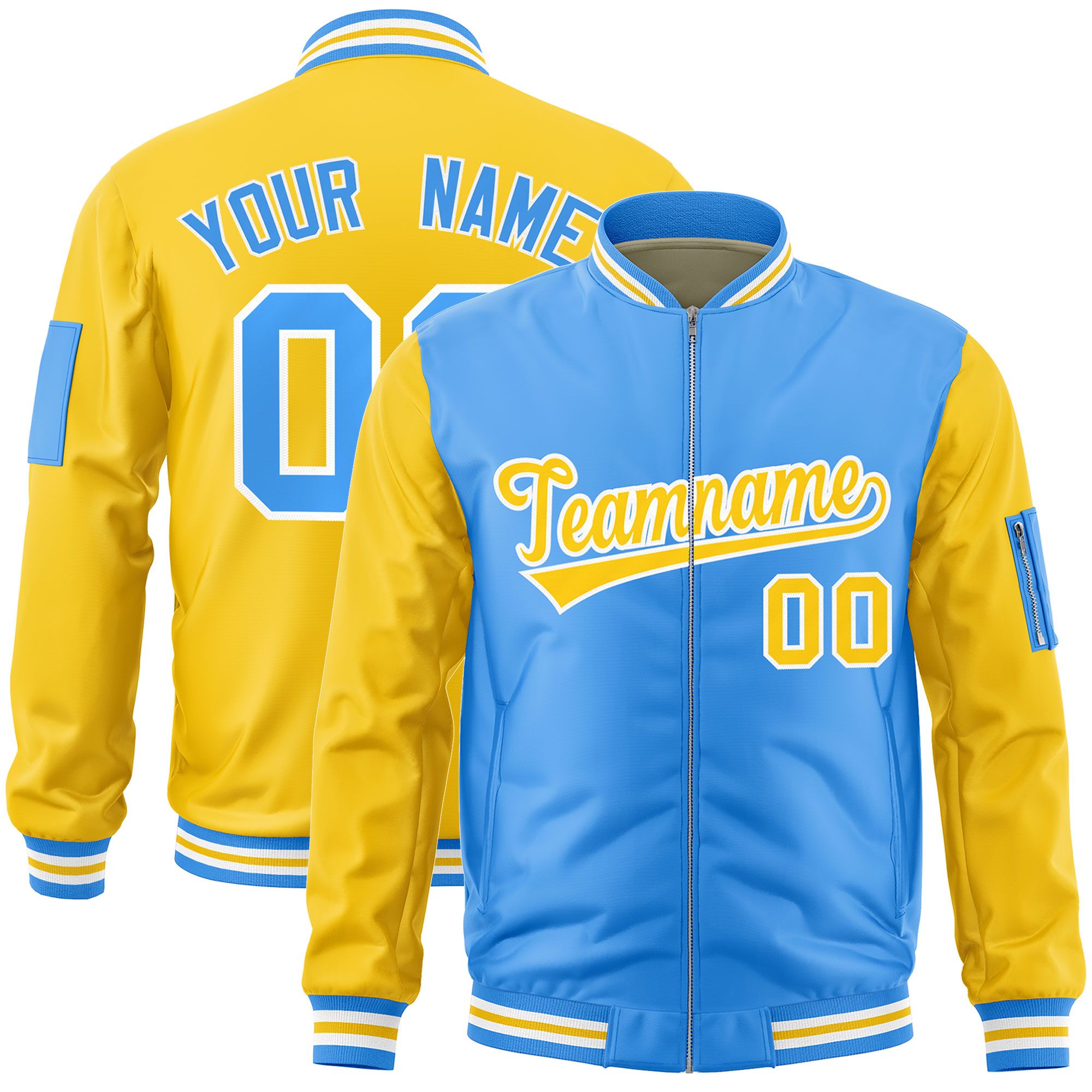 Custom Powder Blue Gold Varsity Full-Zip Two-Tone Letterman Bomber Jacket