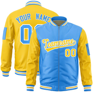 Custom Powder Blue Gold Varsity Full-Zip Two-Tone Letterman Bomber Jacket