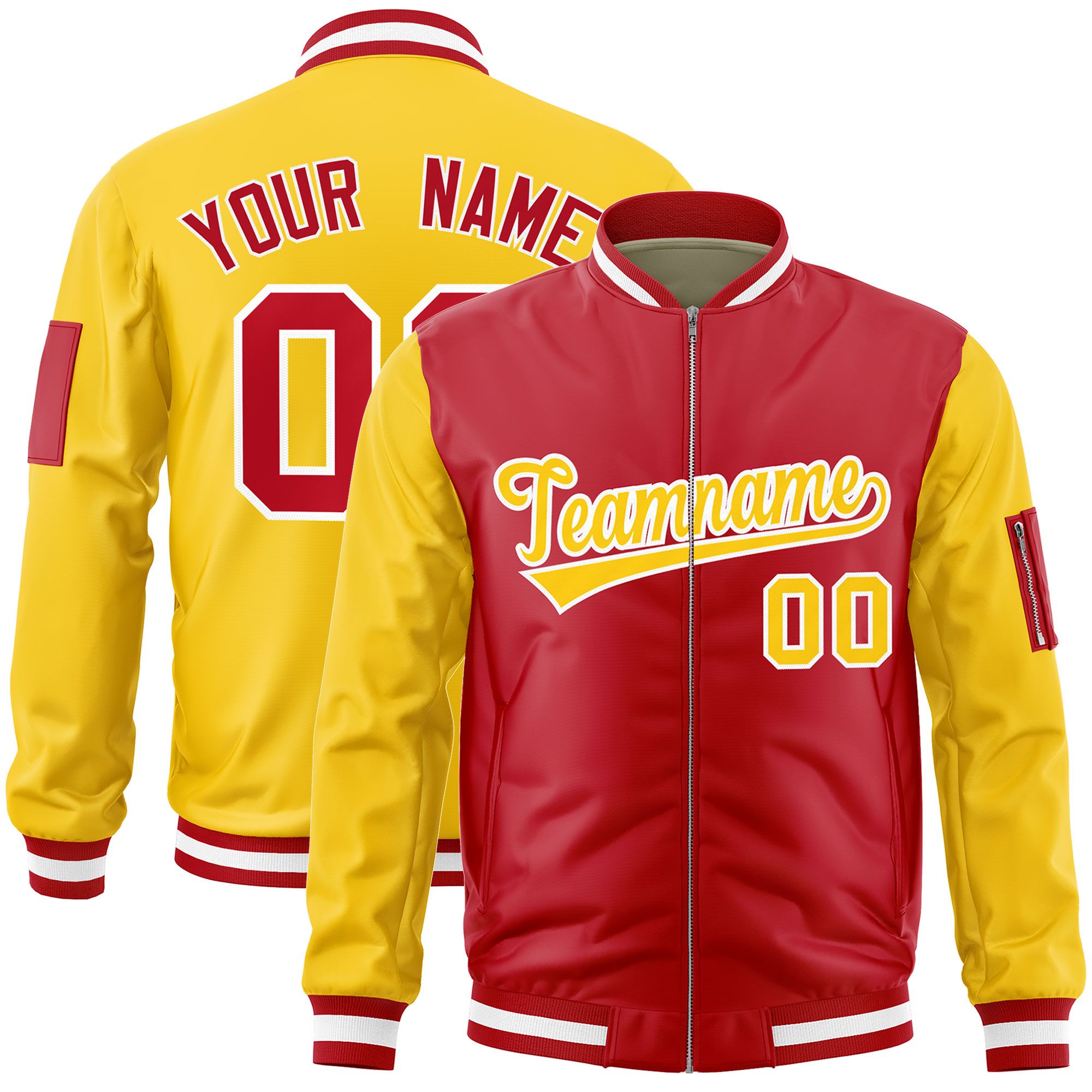 Custom Red Gold Varsity Full-Zip Two-Tone Letterman Bomber Jacket