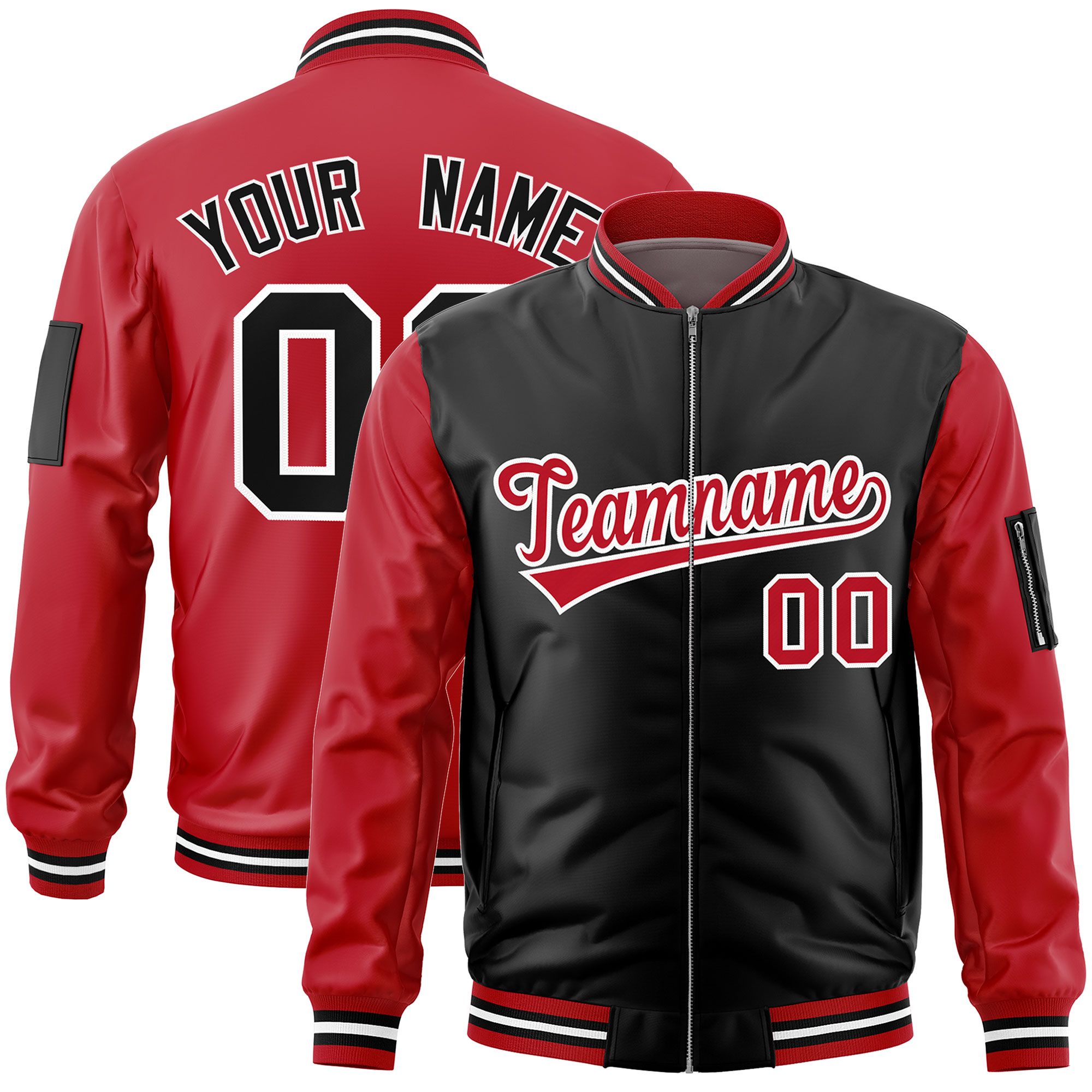 Custom Black Red Varsity Full-Zip Two-Tone Letterman Bomber Jacket