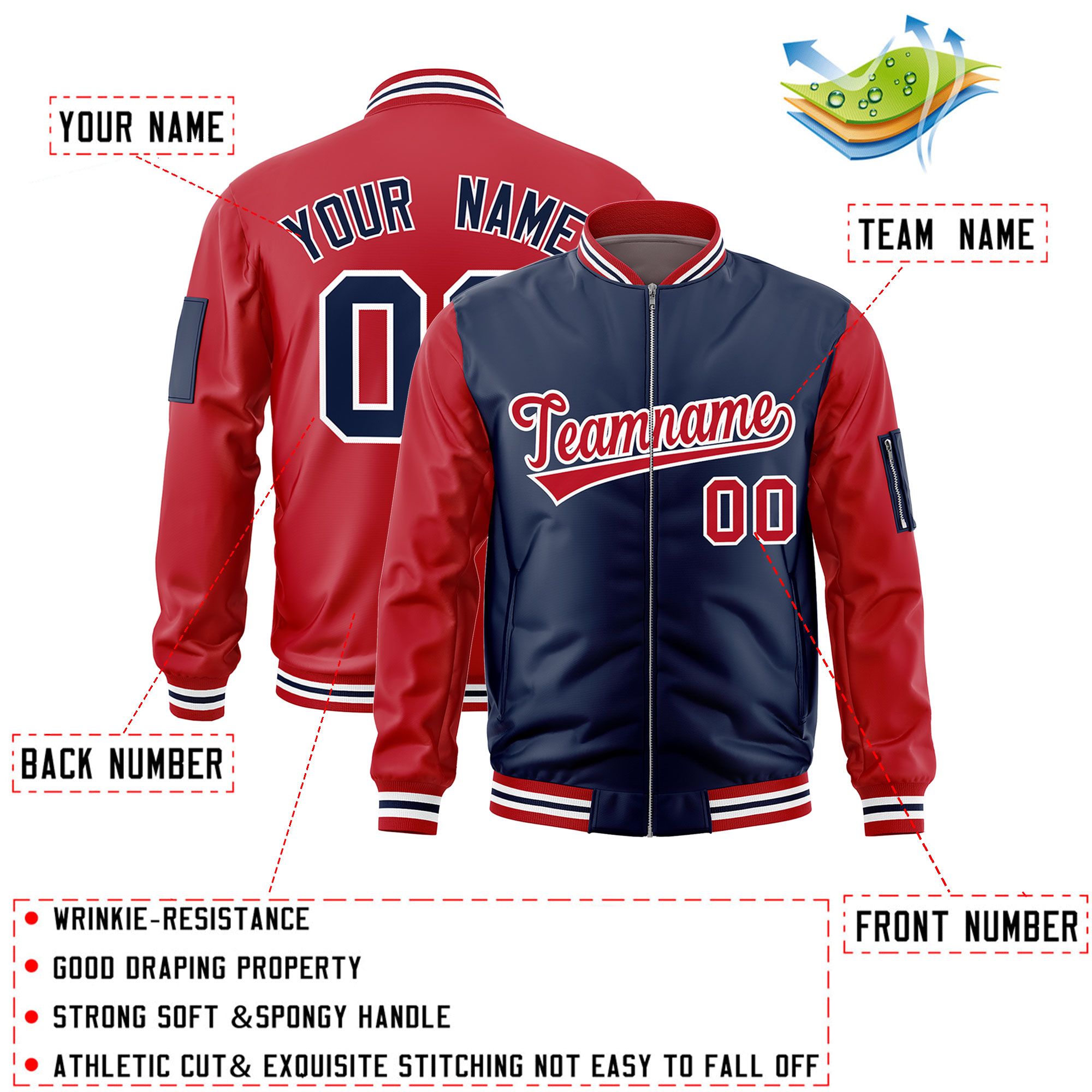 Custom Navy Red Varsity Full-Zip Two-Tone Letterman Bomber Jacket