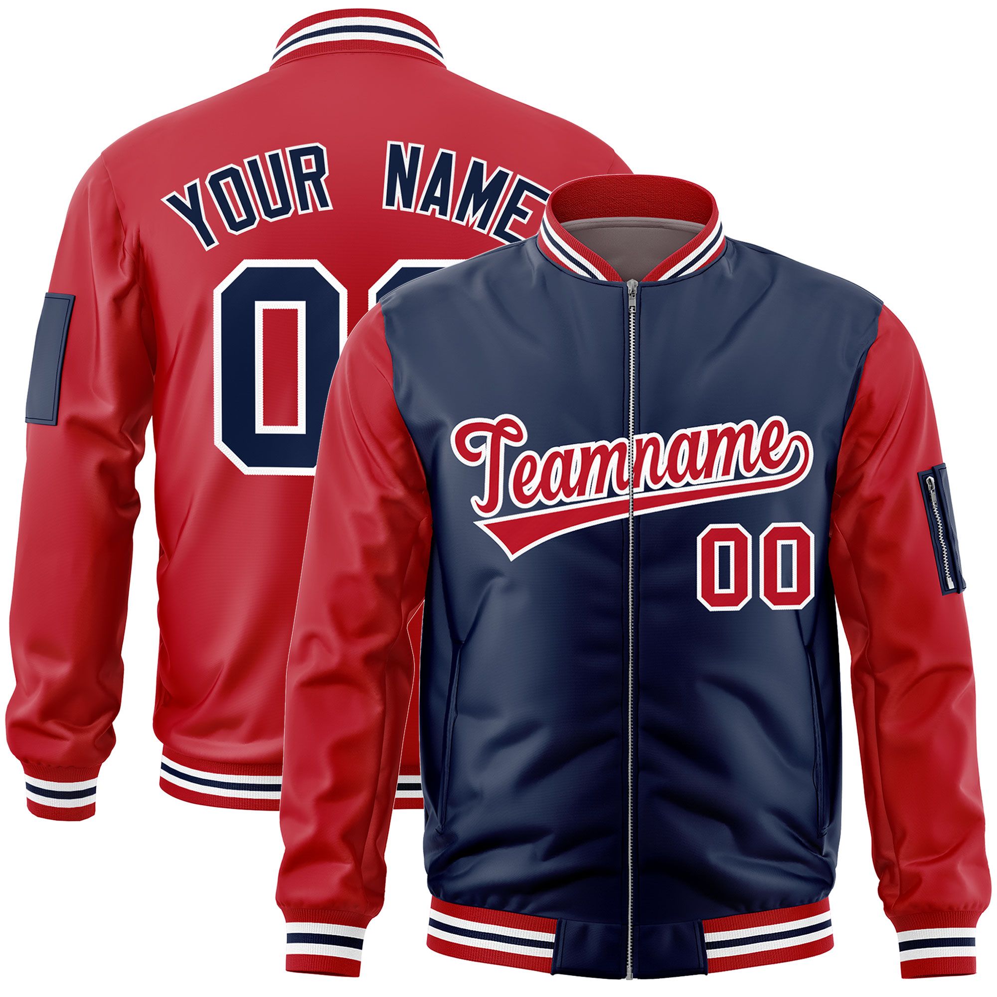 Custom Navy Red Varsity Full-Zip Two-Tone Letterman Bomber Jacket