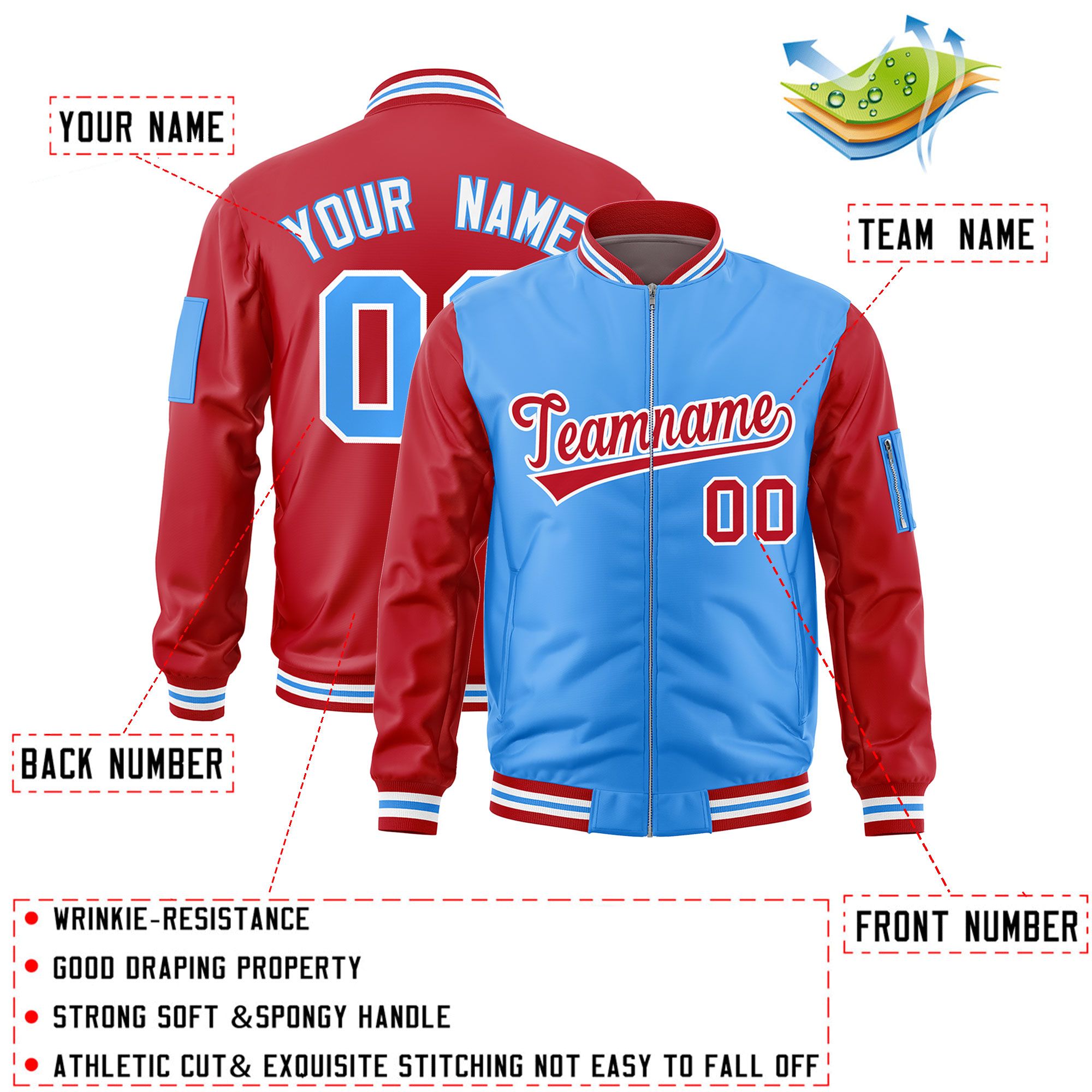 Custom Powder Blue Red Varsity Full-Zip Two-Tone Letterman Bomber Jacket