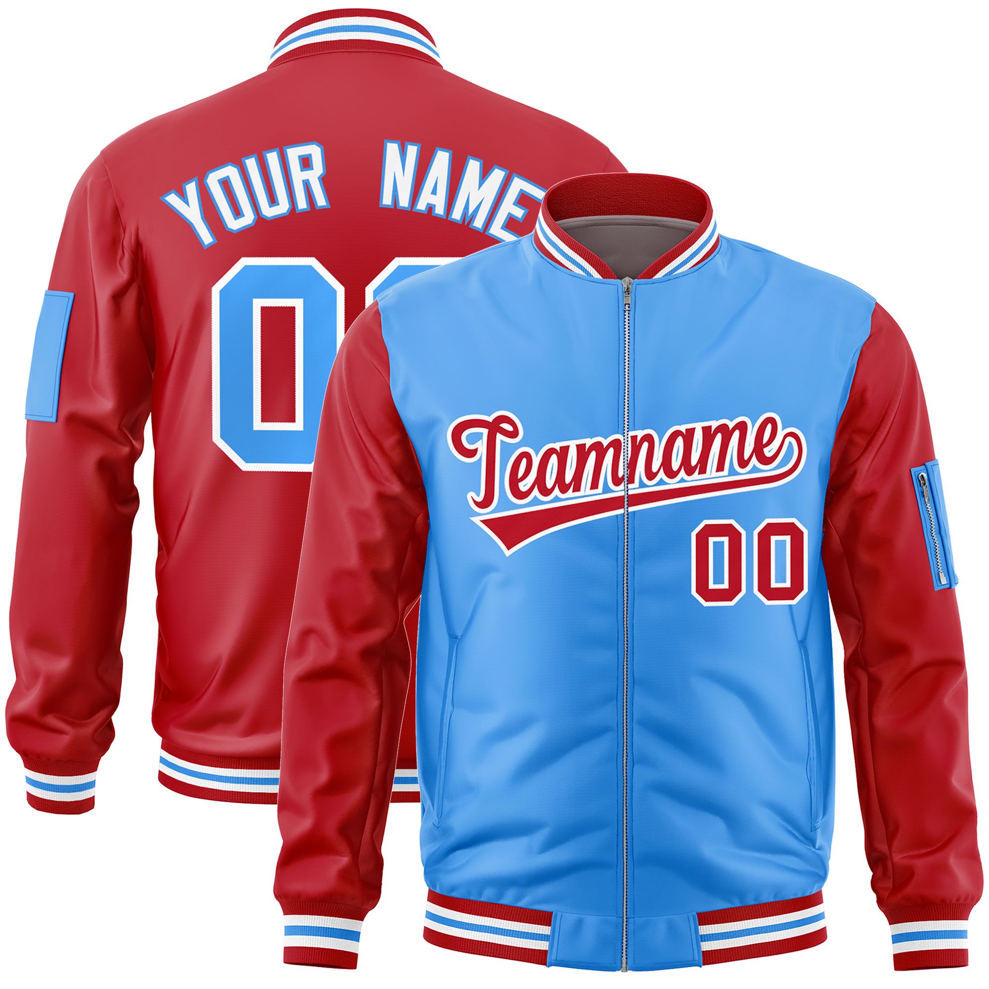 Custom Powder Blue Red Varsity Full-Zip Two-Tone Letterman Bomber Jacket