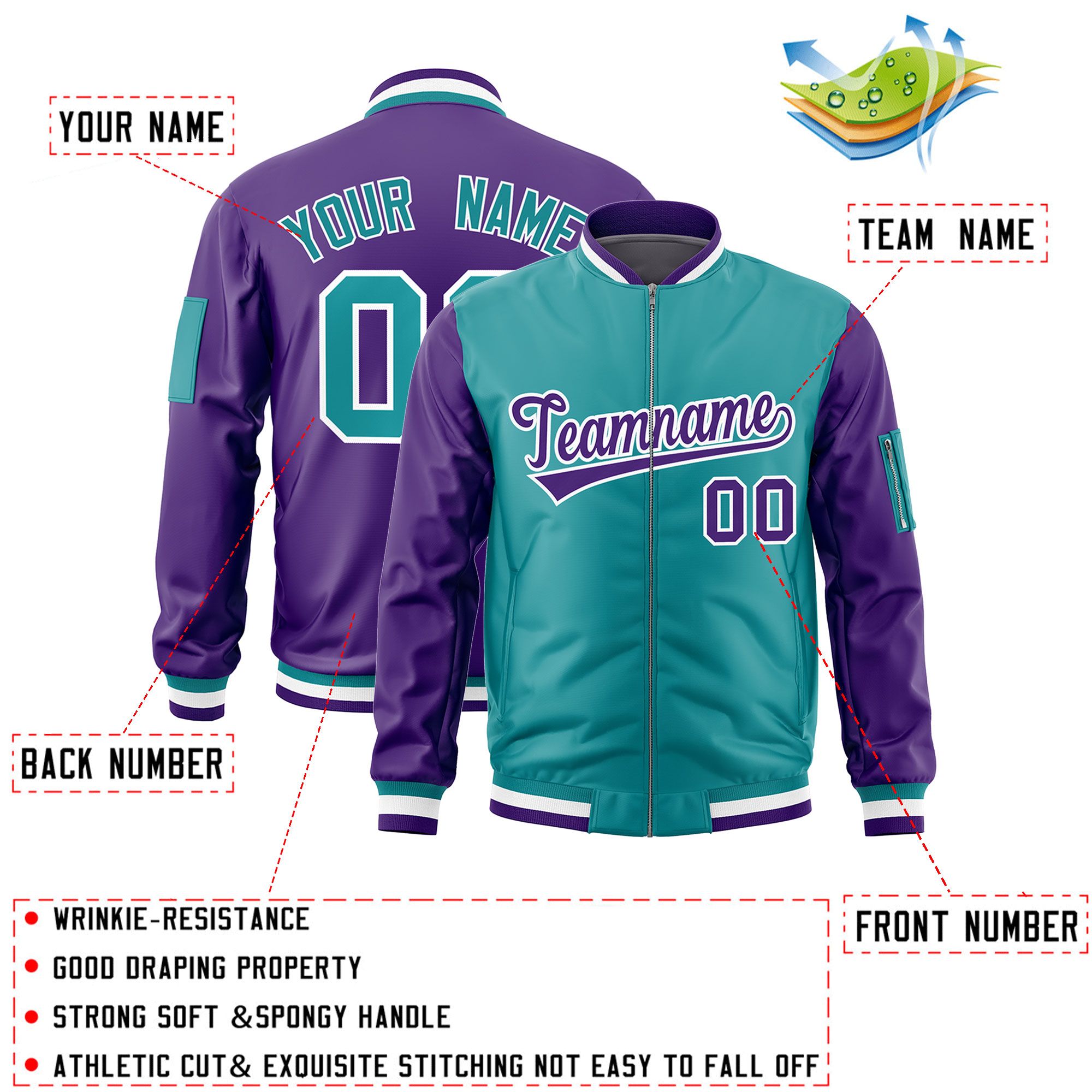 Custom Aqua Purple Varsity Full-Zip Two-Tone Letterman Bomber Jacket