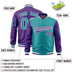 Custom Aqua Purple Varsity Full-Zip Two-Tone Letterman Bomber Jacket