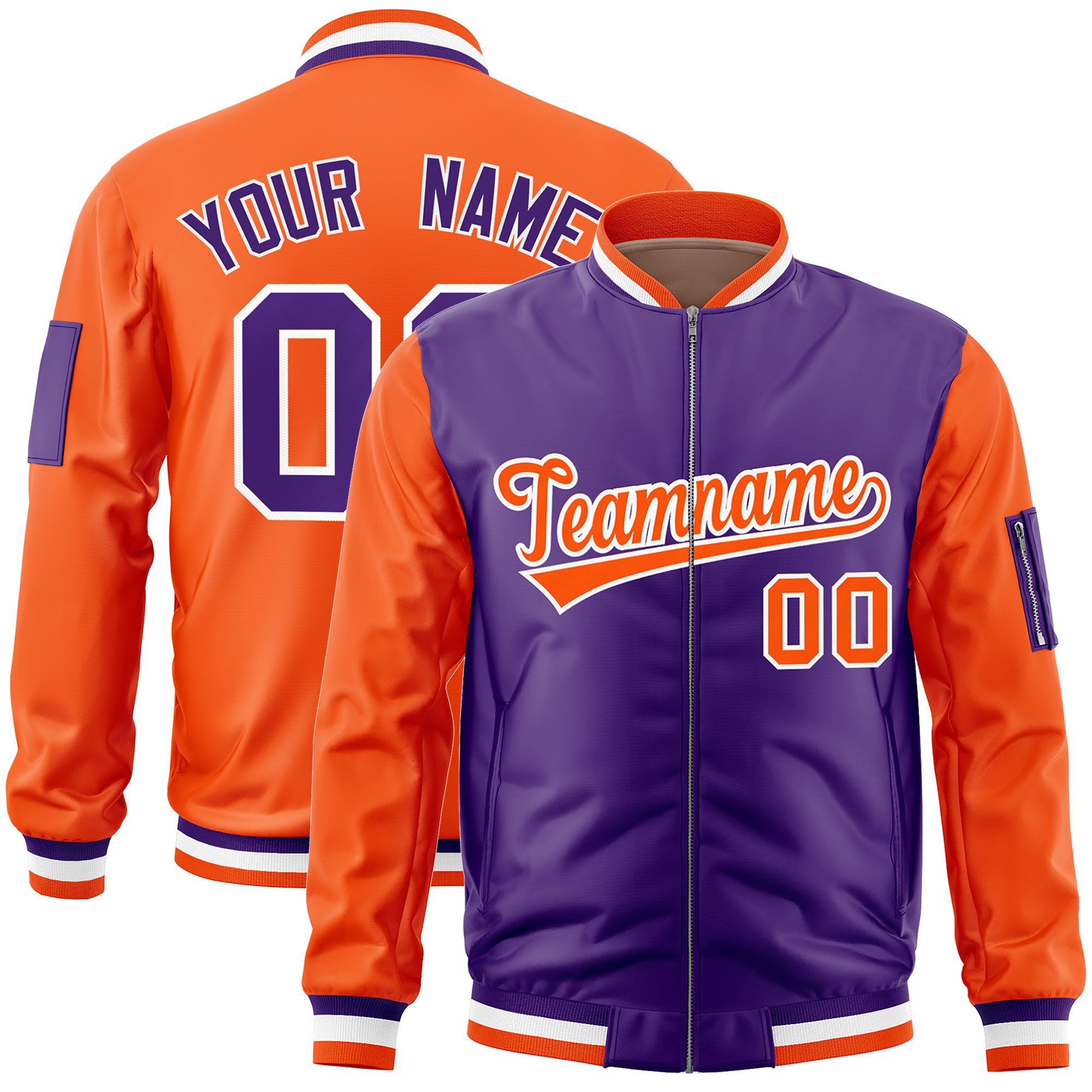 Custom Purple Orange Varsity Full-Zip Two-Tone Letterman Bomber Jacket