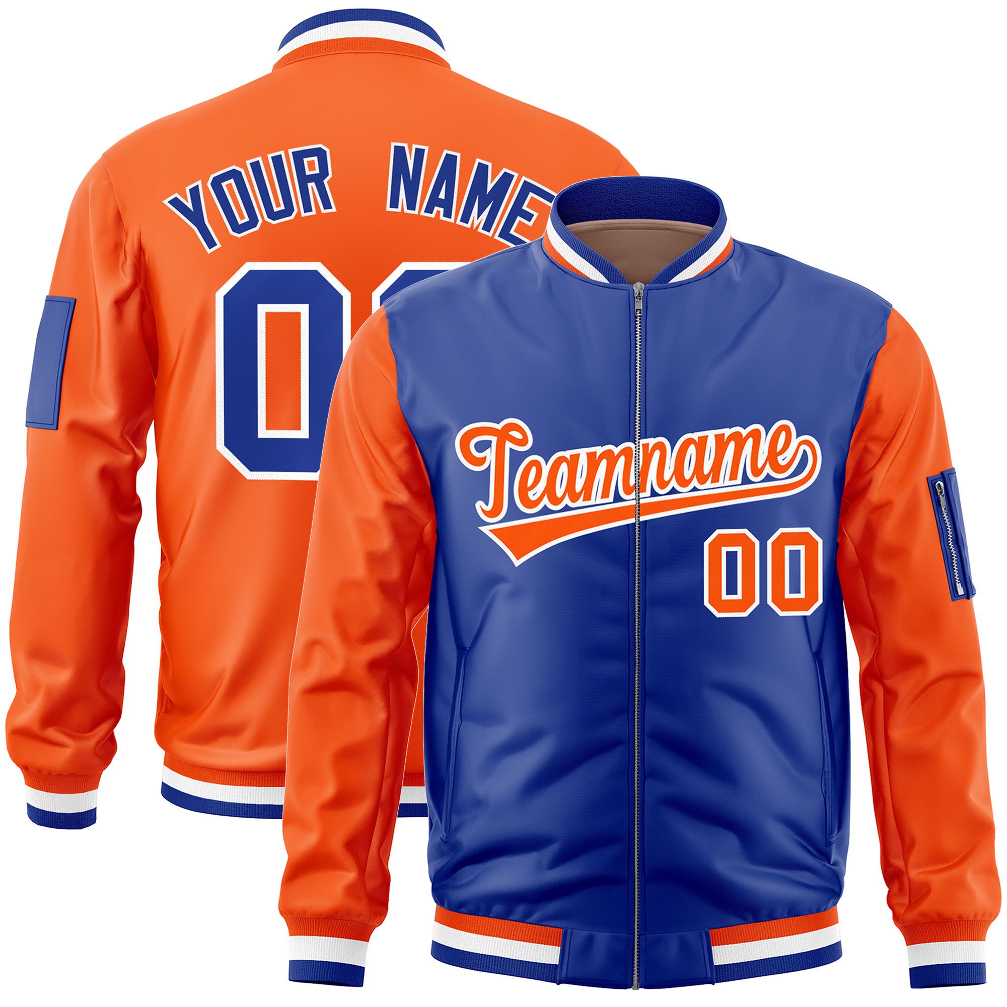 Custom Royal Orange Varsity Full-Zip Two-Tone Letterman Bomber Jacket