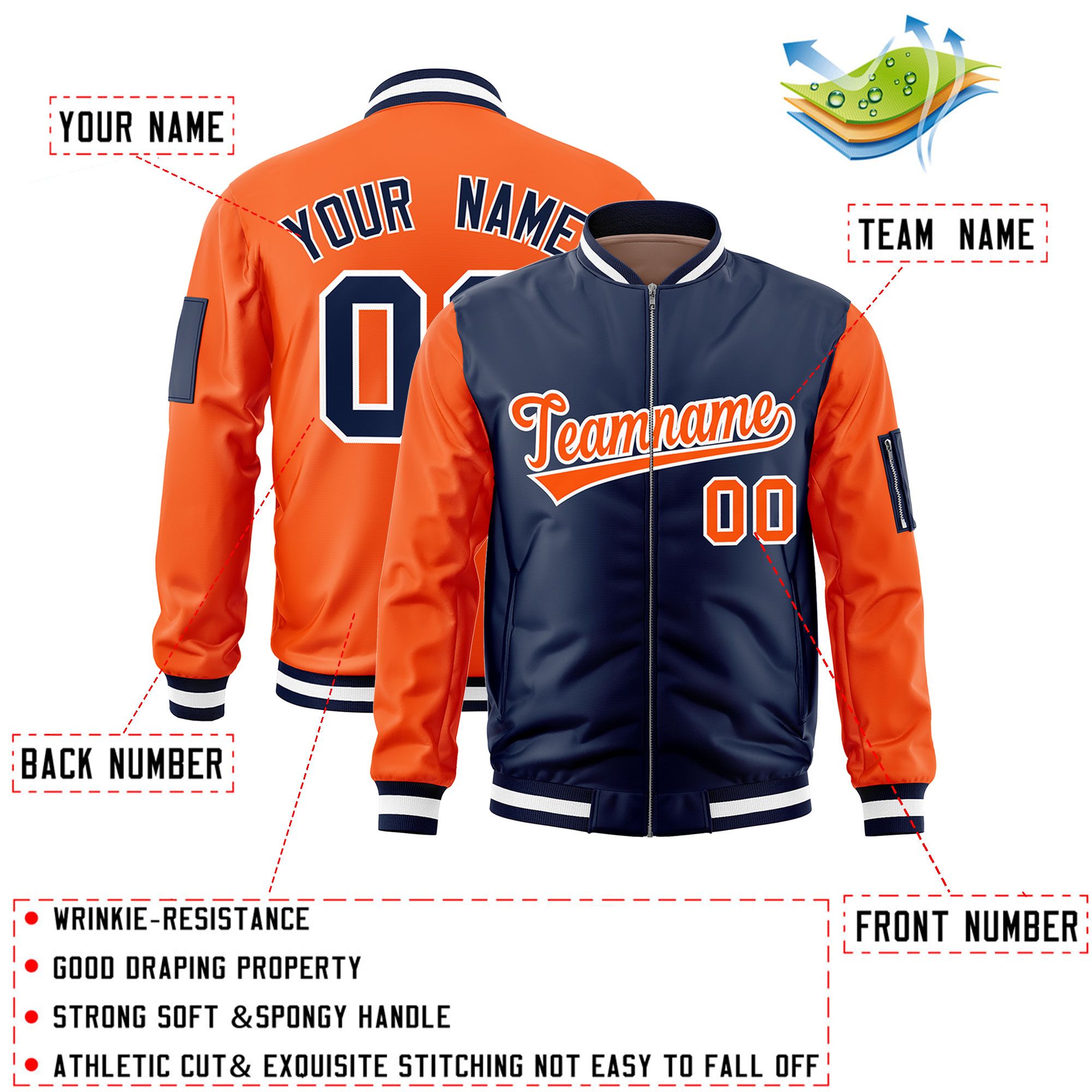 Custom Navy Orange Varsity Full-Zip Two-Tone Letterman Bomber Jacket