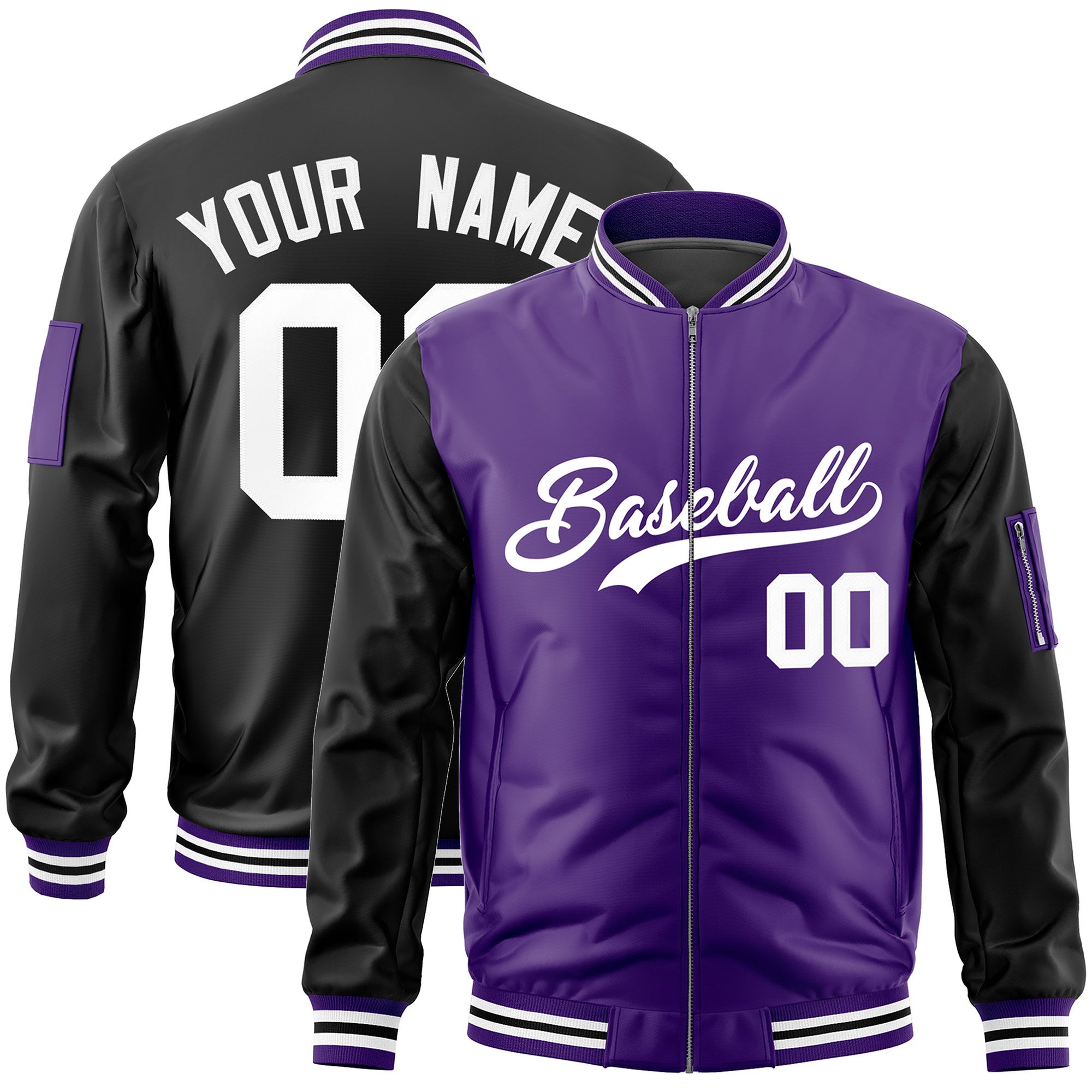 Custom Purple Black Varsity Full-Zip Two-Tone Letterman Bomber Jacket