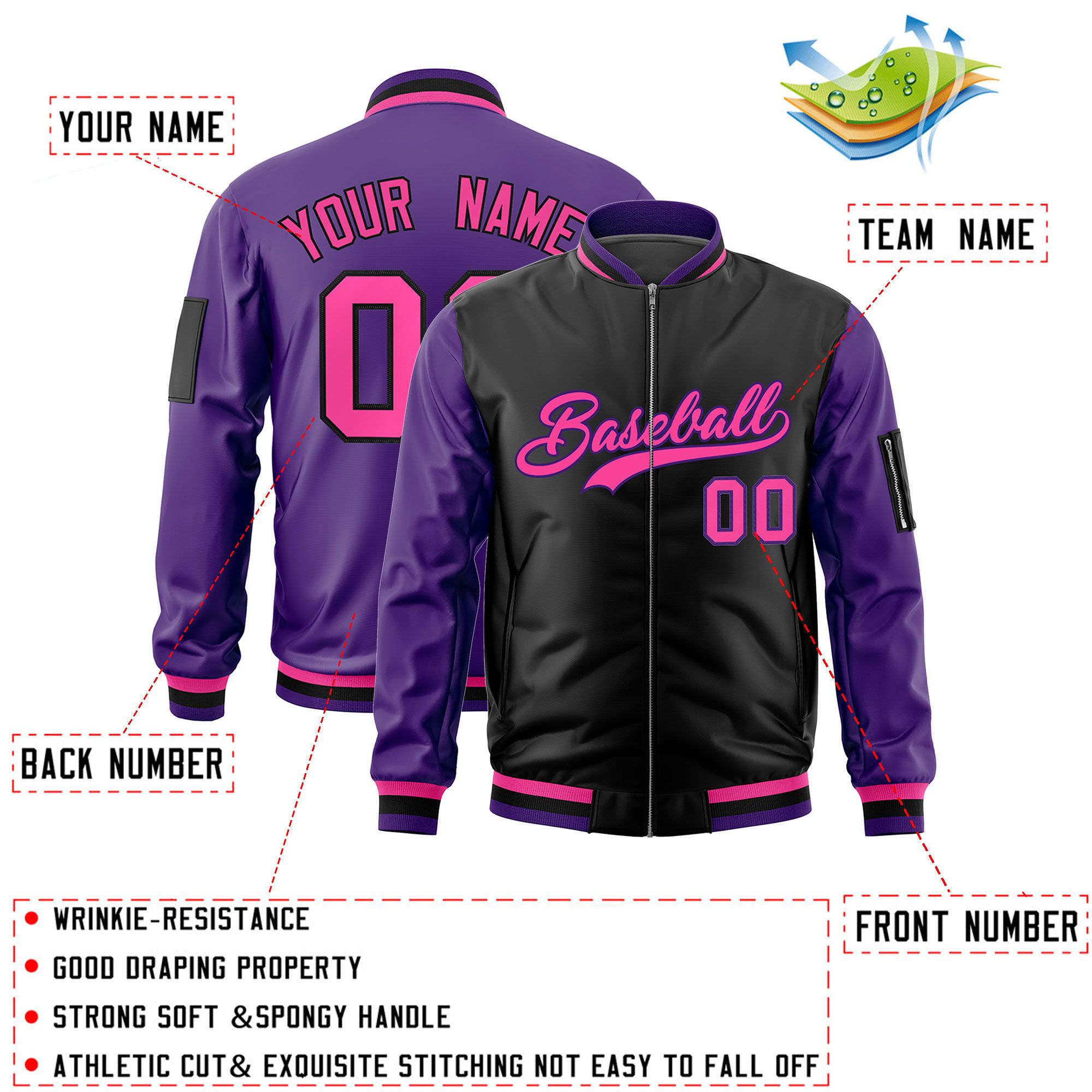 Custom Black Purple Varsity Full-Zip Two-Tone Letterman Bomber Jacket