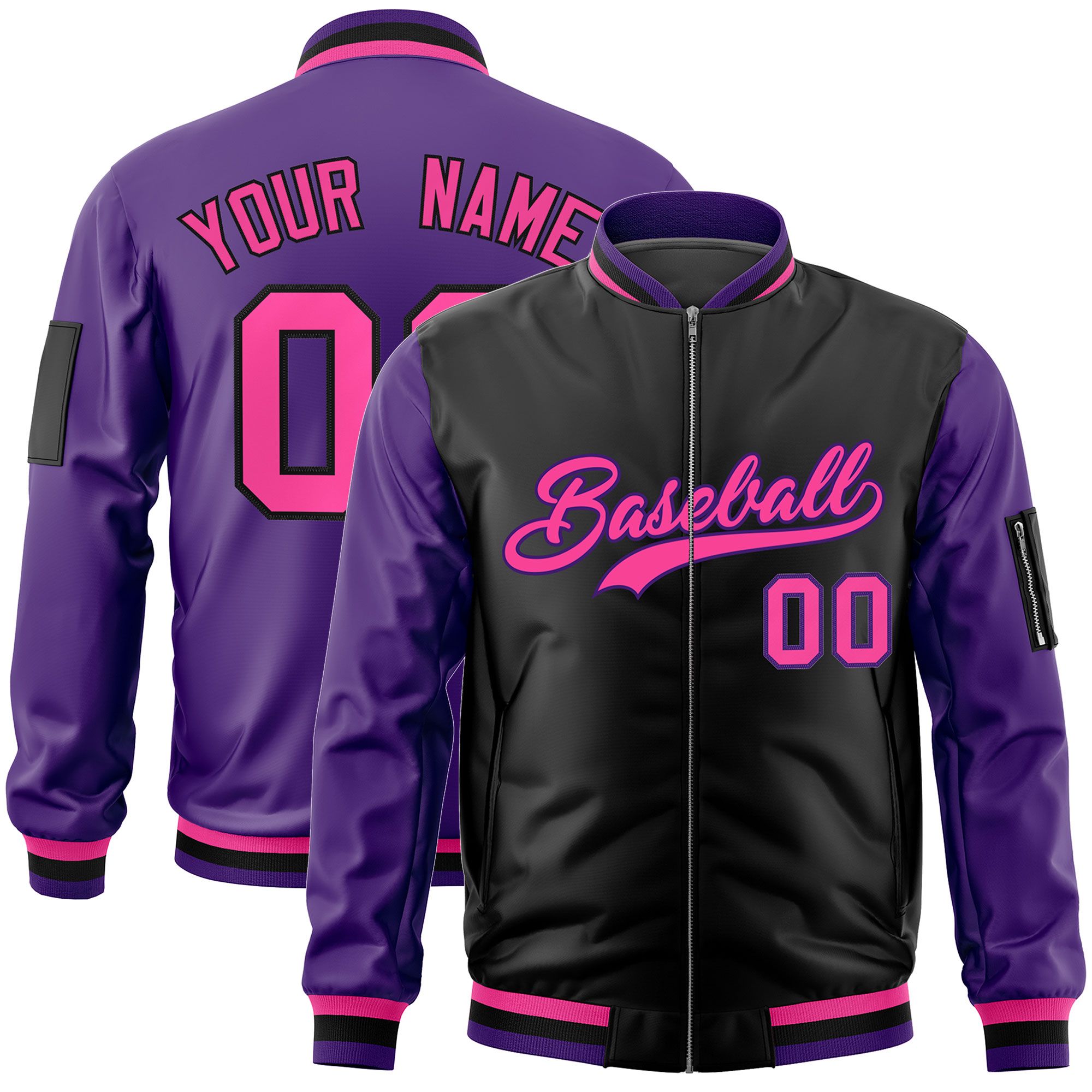 Custom Black Purple Varsity Full-Zip Two-Tone Letterman Bomber Jacket