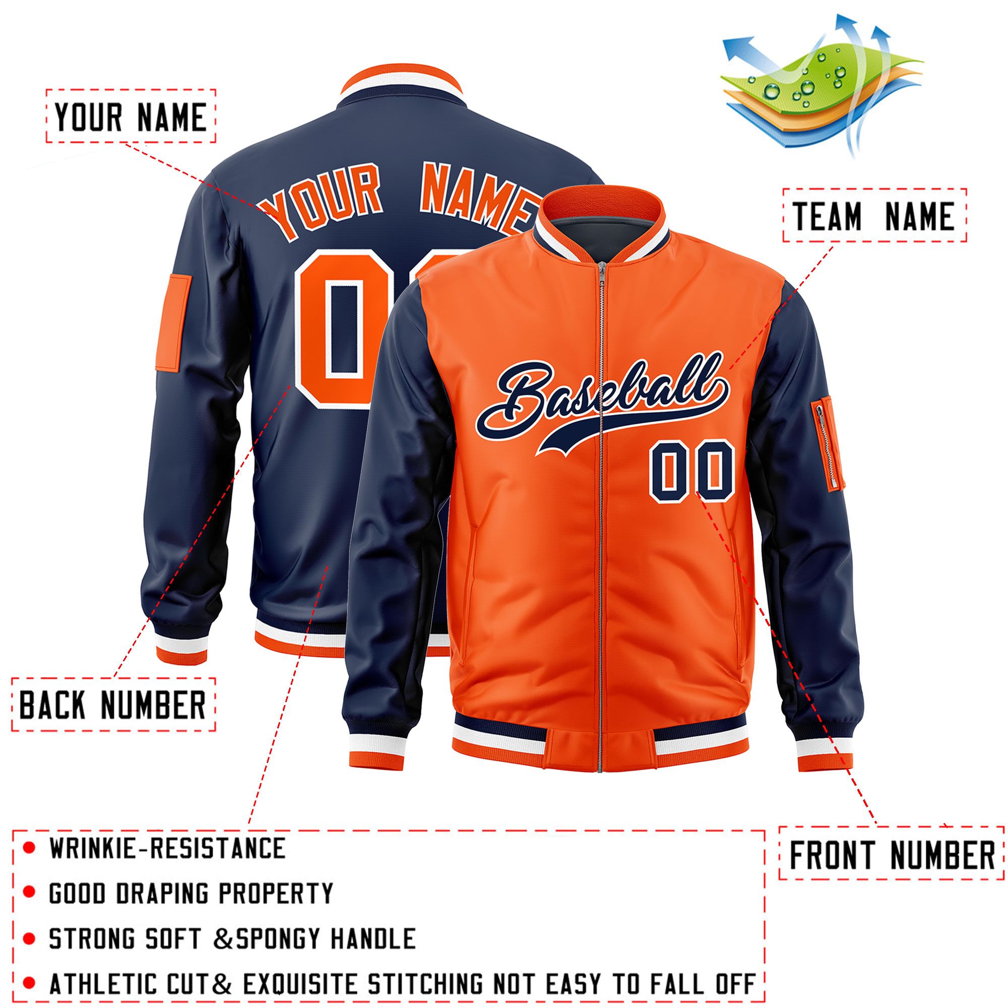 Custom Orange Navy Varsity Full-Zip Two-Tone Letterman Bomber Jacket