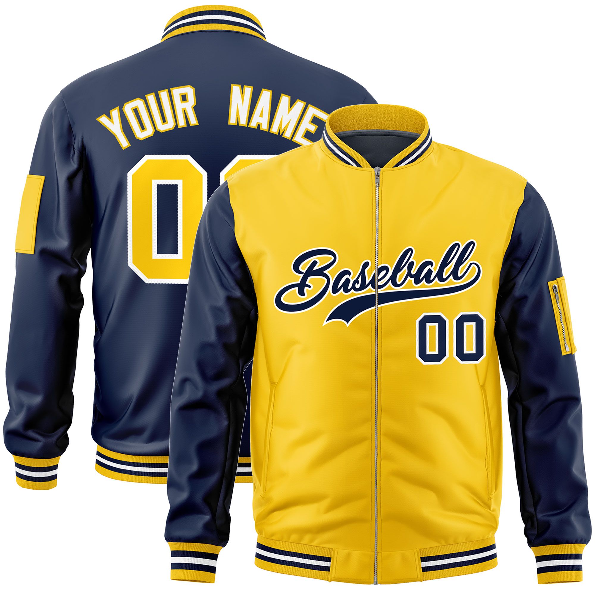 Custom Gold Navy Varsity Full-Zip Two-Tone Letterman Bomber Jacket