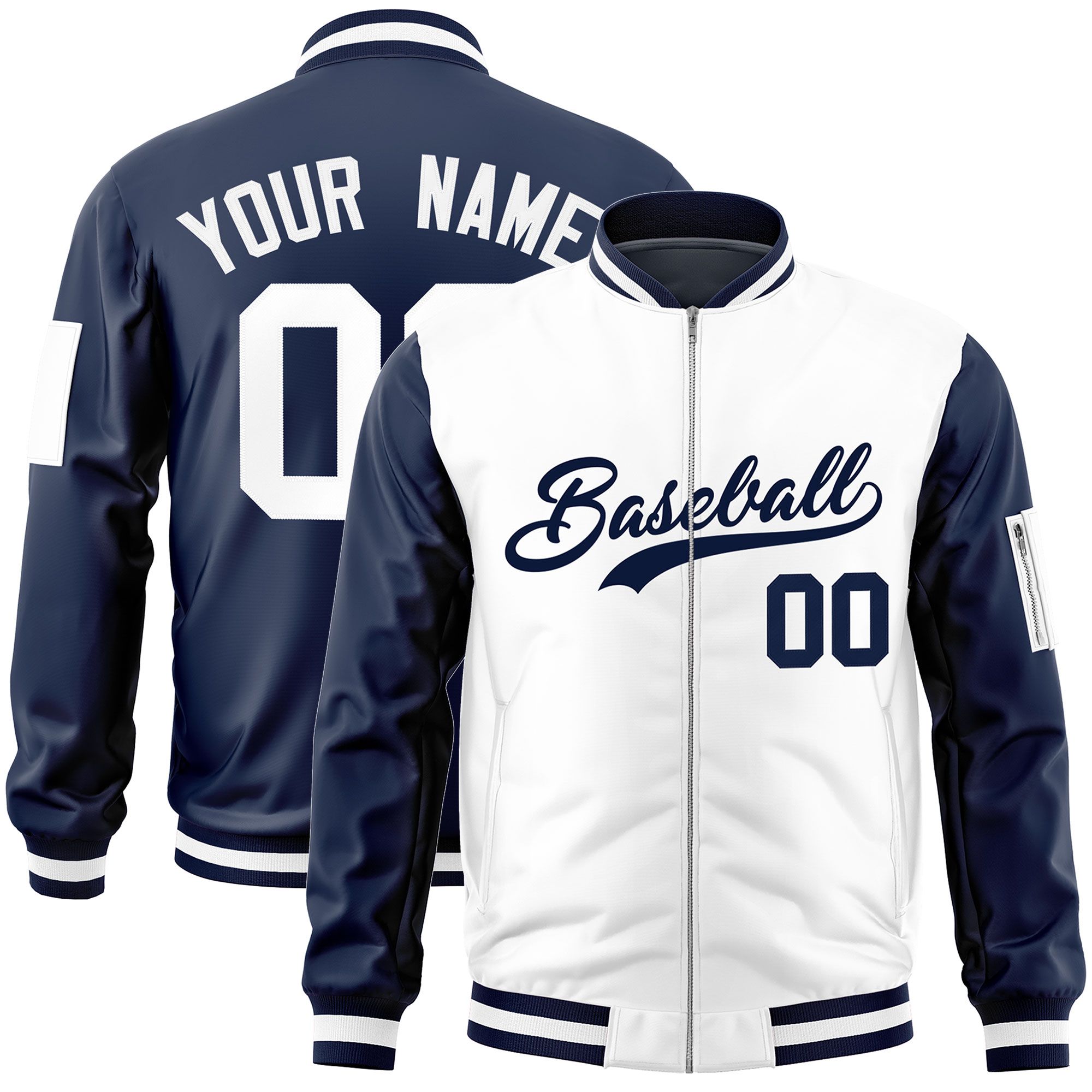 Custom White Navy Varsity Full-Zip Two-Tone Letterman Bomber Jacket