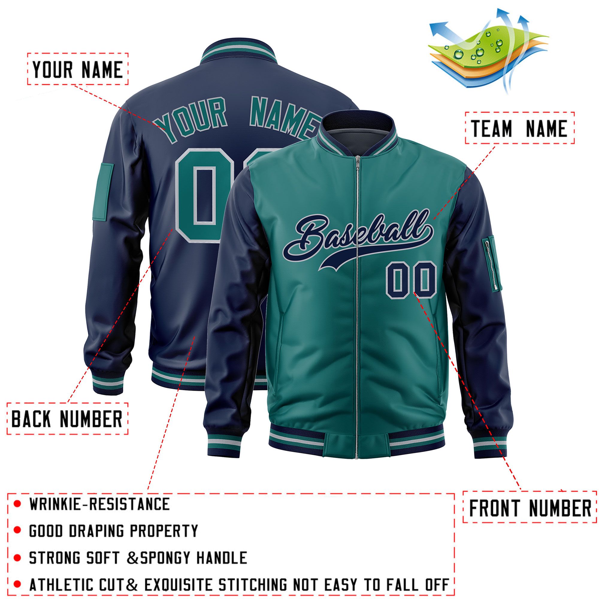 Custom Aqua Navy Varsity Full-Zip Two-Tone Letterman Bomber Jacket