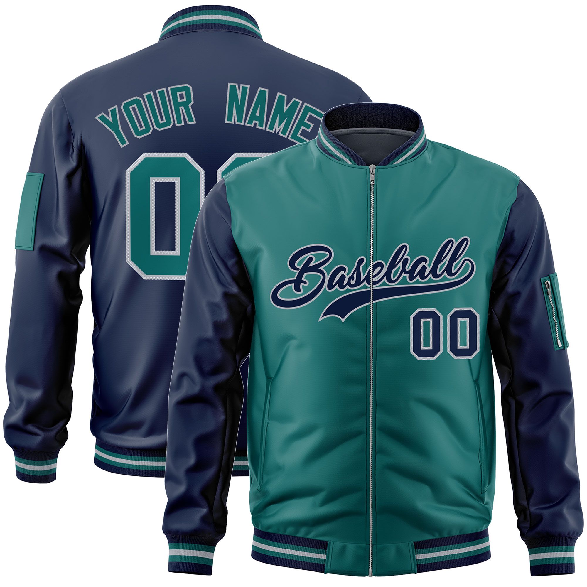 Custom Aqua Navy Varsity Full-Zip Two-Tone Letterman Bomber Jacket