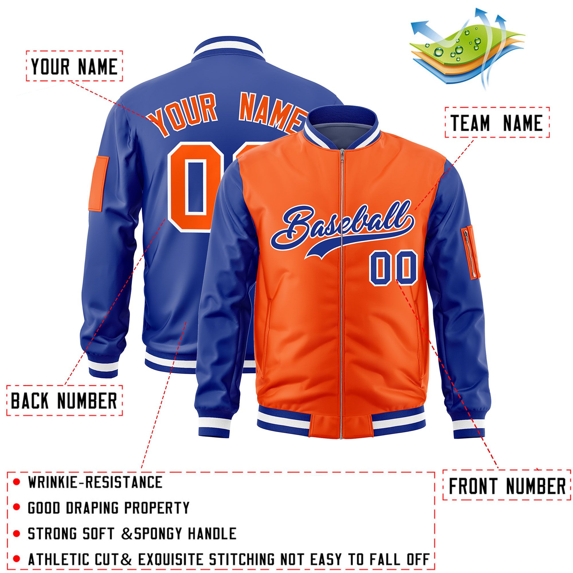 Custom Orange Royal Varsity Full-Zip Two-Tone Letterman Bomber Jacket