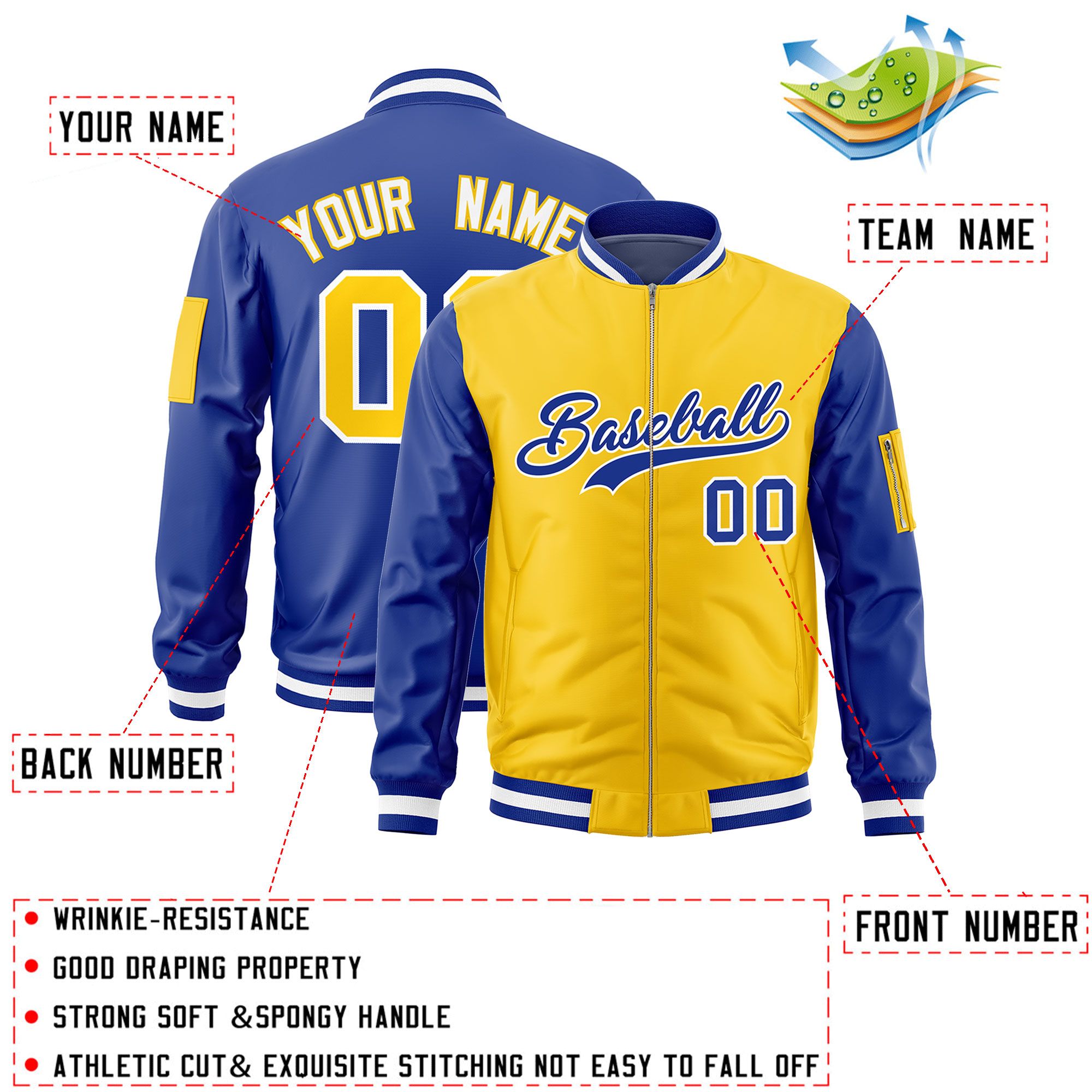 Custom Gold Royal Varsity Full-Zip Two-Tone Letterman Bomber Jacket