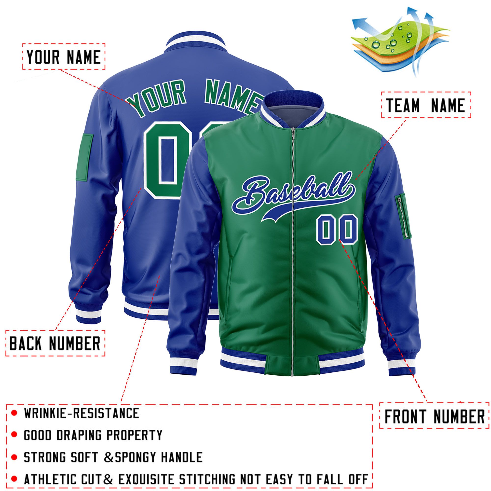 Custom Kelly Green Royal Varsity Full-Zip Two-Tone Letterman Bomber Jacket