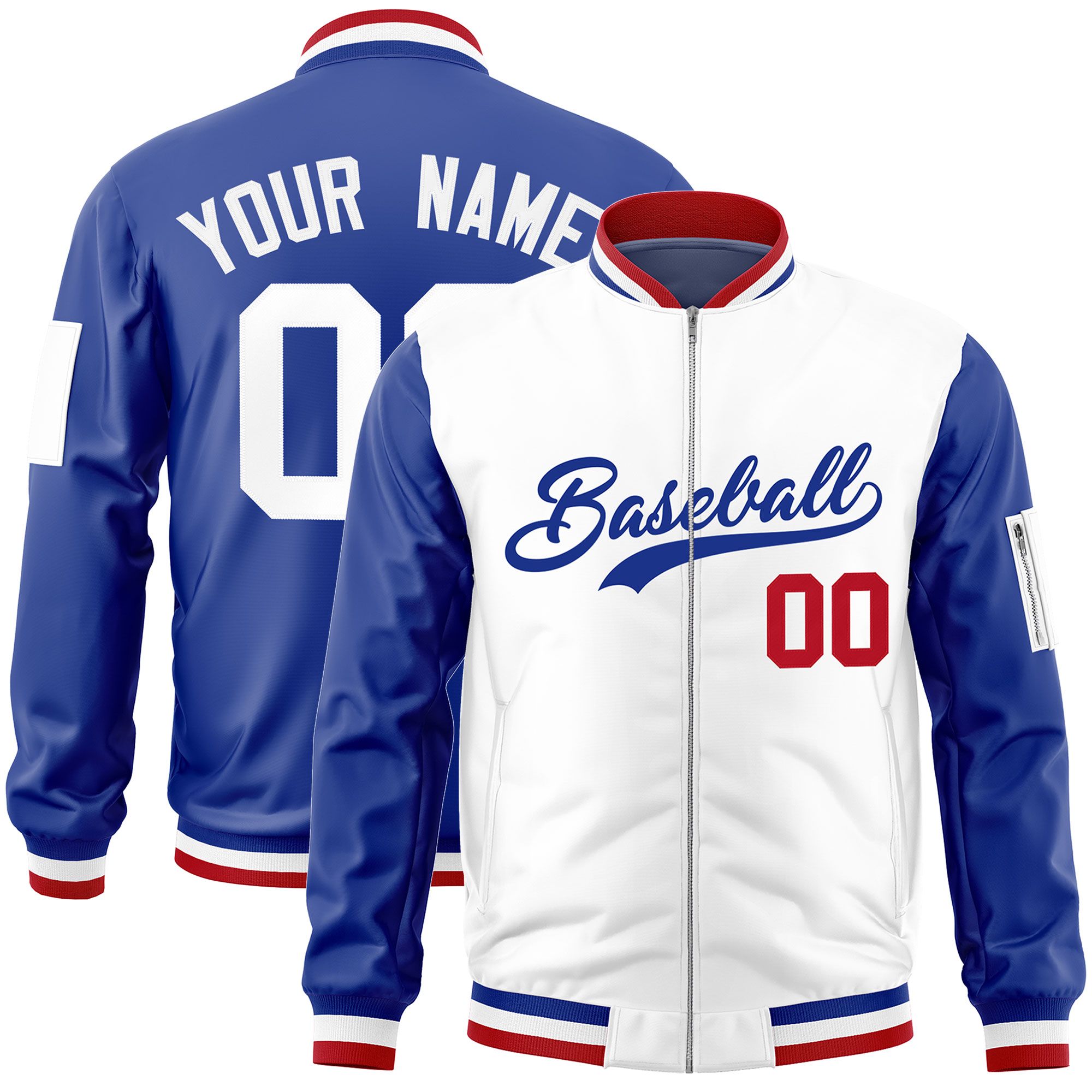 Custom White Royal Varsity Full-Zip Two-Tone Letterman Bomber Jacket