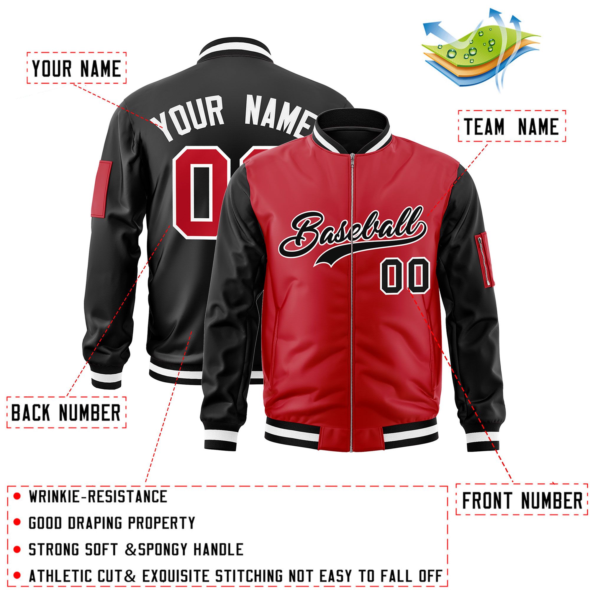 Custom Red Black Varsity Full-Zip Two-Tone Letterman Bomber Jacket