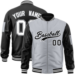 Custom Gray Black Varsity Full-Zip Two-Tone Letterman Bomber Jacket