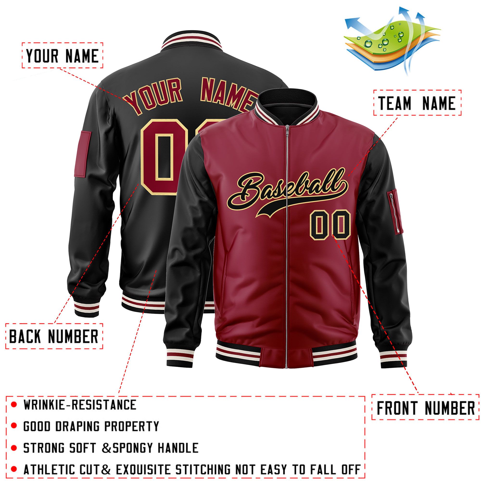 Custom Crimson Black Varsity Full-Zip Two-Tone Letterman Bomber Jacket