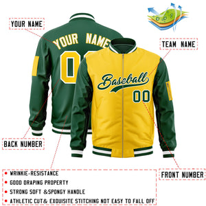 Custom Gold Green Varsity Full-Zip Two-Tone Letterman Bomber Jacket